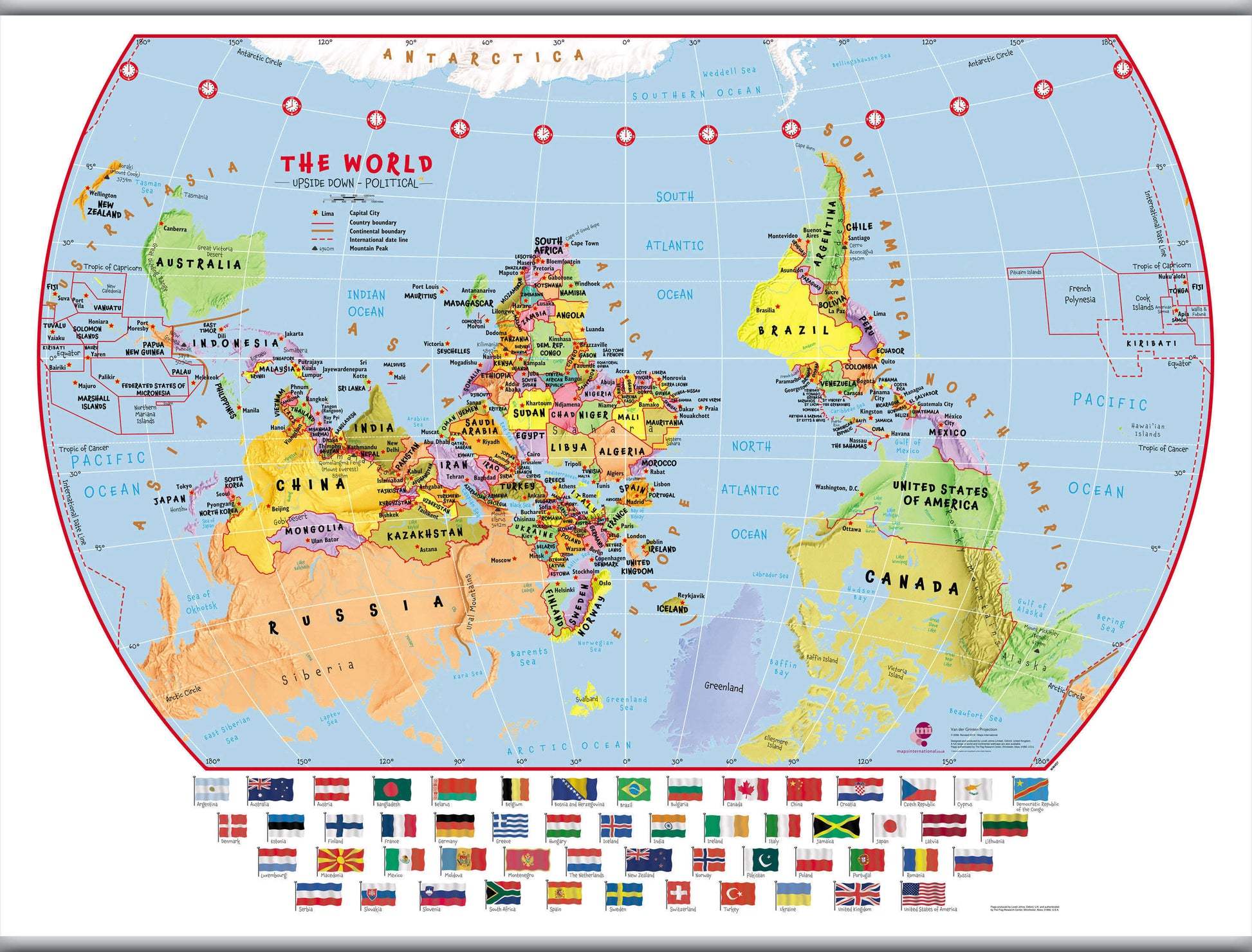 WM00457_L_CANHB - Primary Upside Down World Wall Map Political with flags