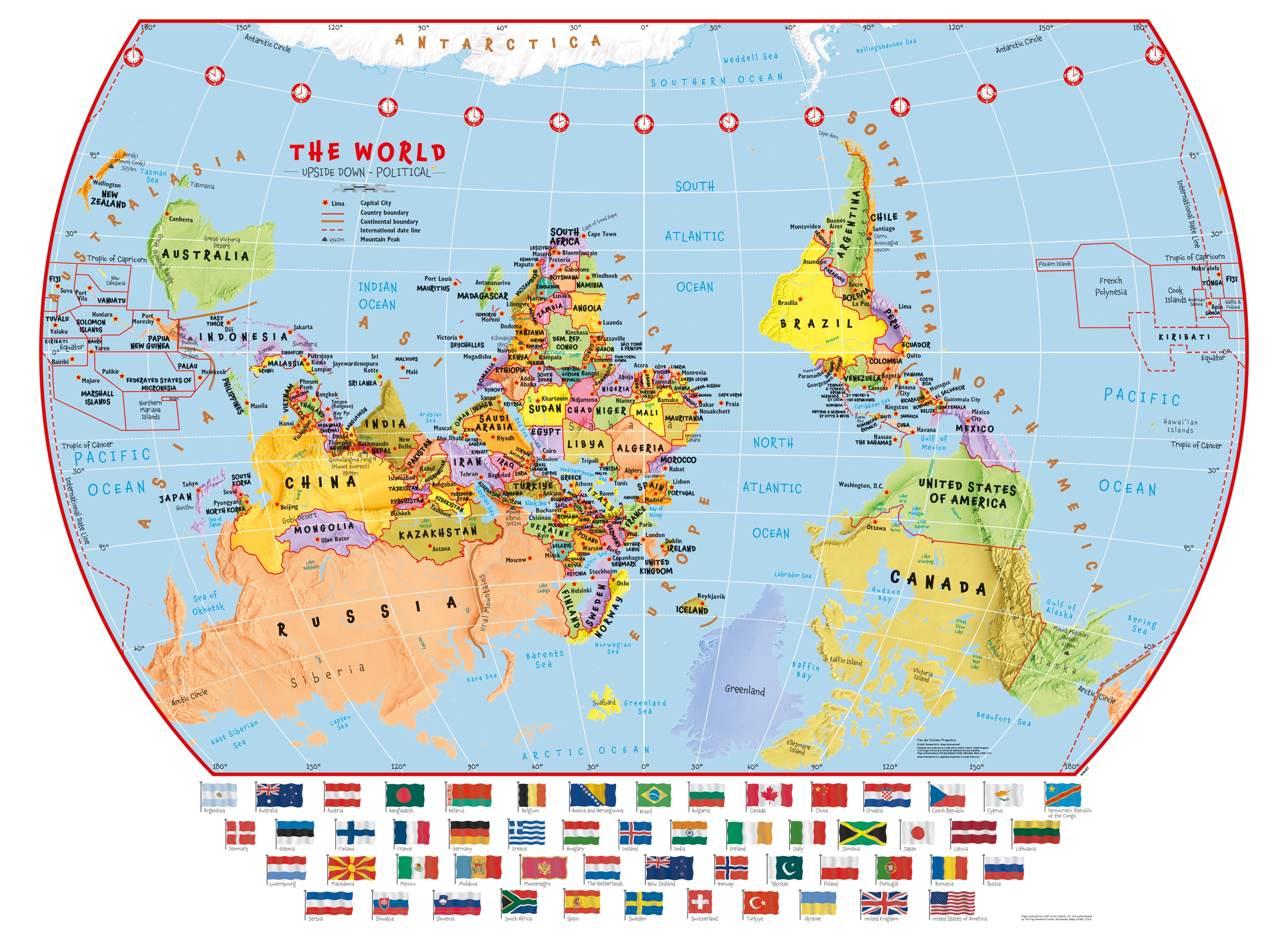 WM00457_L_LAMIN - Primary Upside Down World Wall Map Political with flags