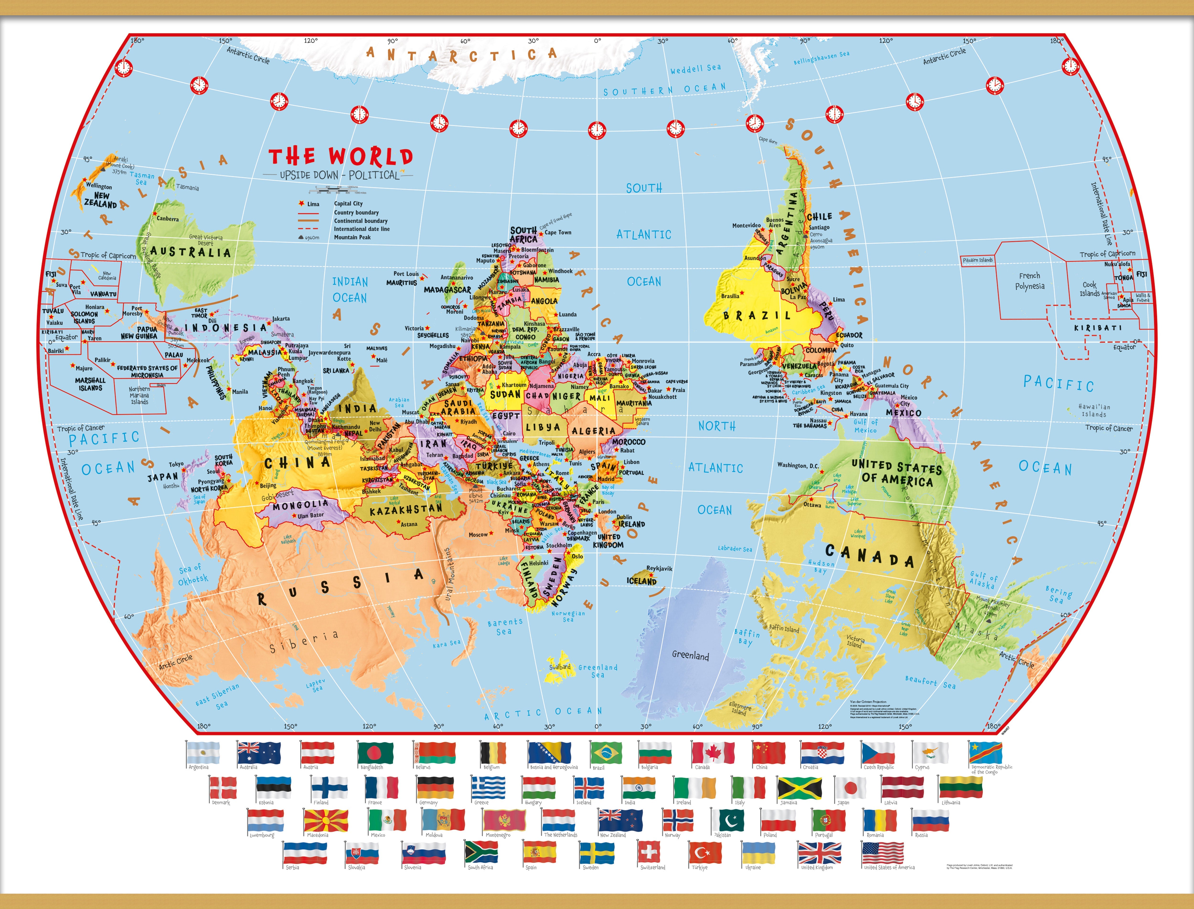 WM00457_L_LWDHB - Primary Upside Down World Wall Map Political with flags