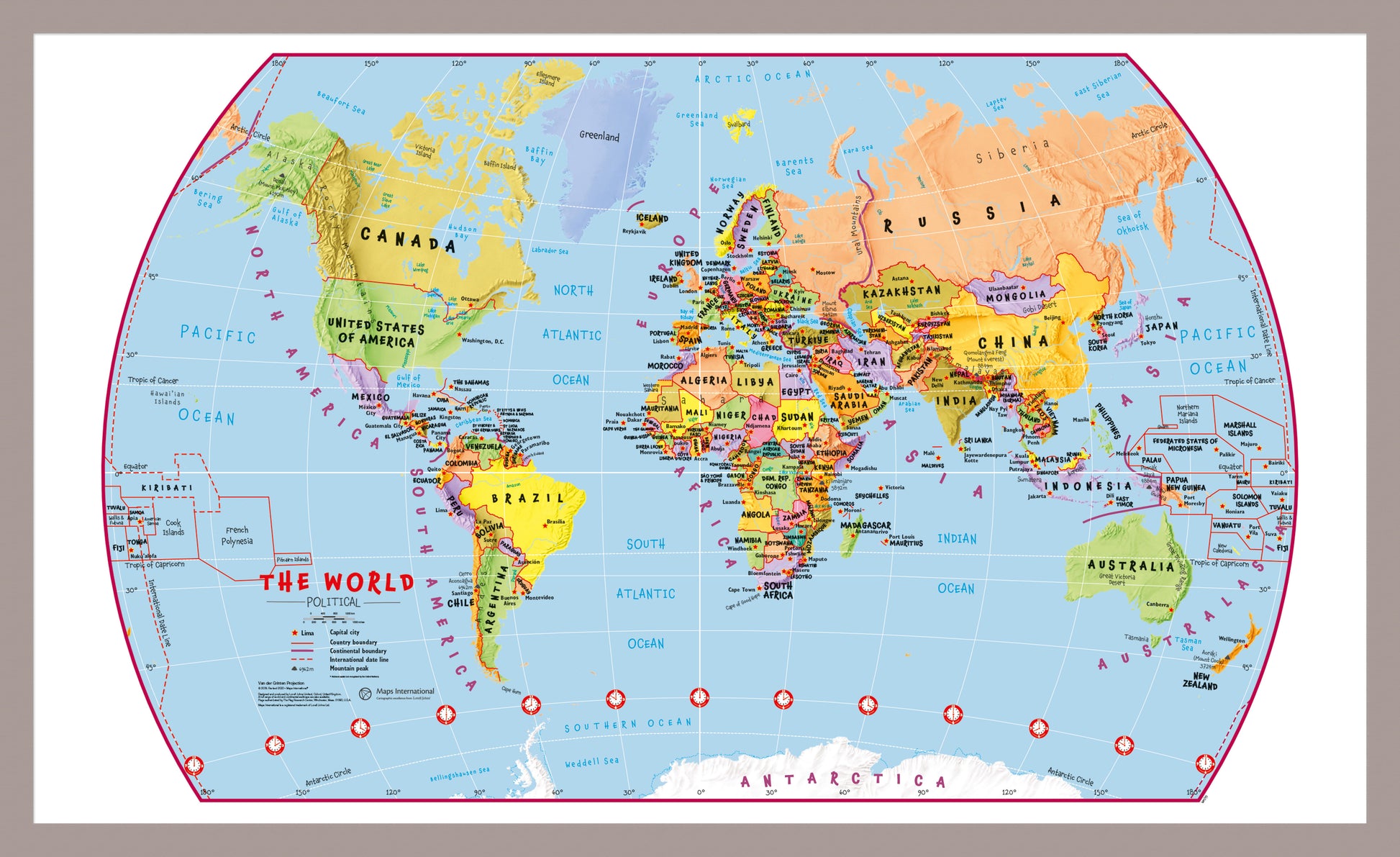 Primary World Wall Map Political Without Flags Aluminium Frame