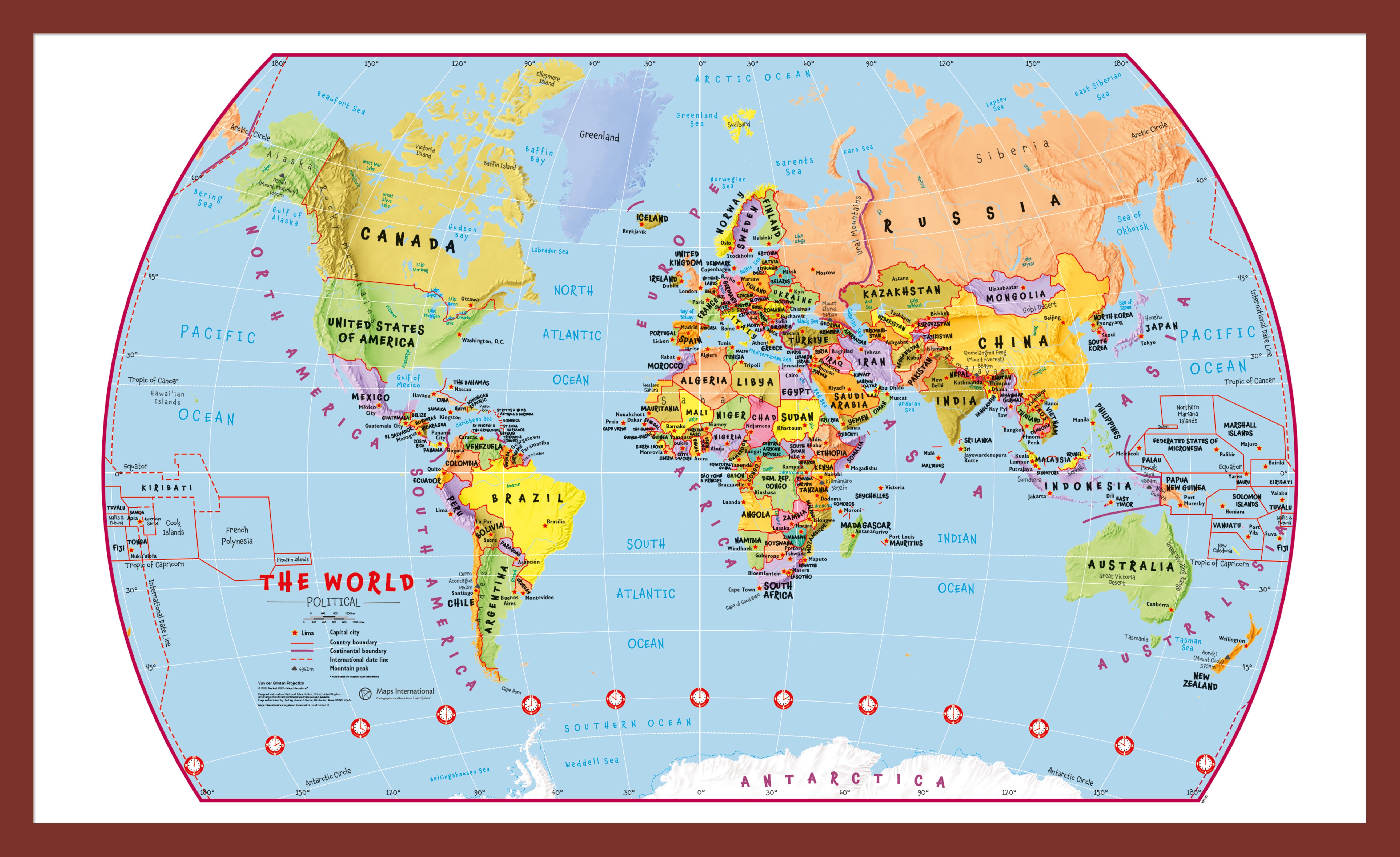 Primary World Wall Map Political Without Flags Oak Frame Pinok