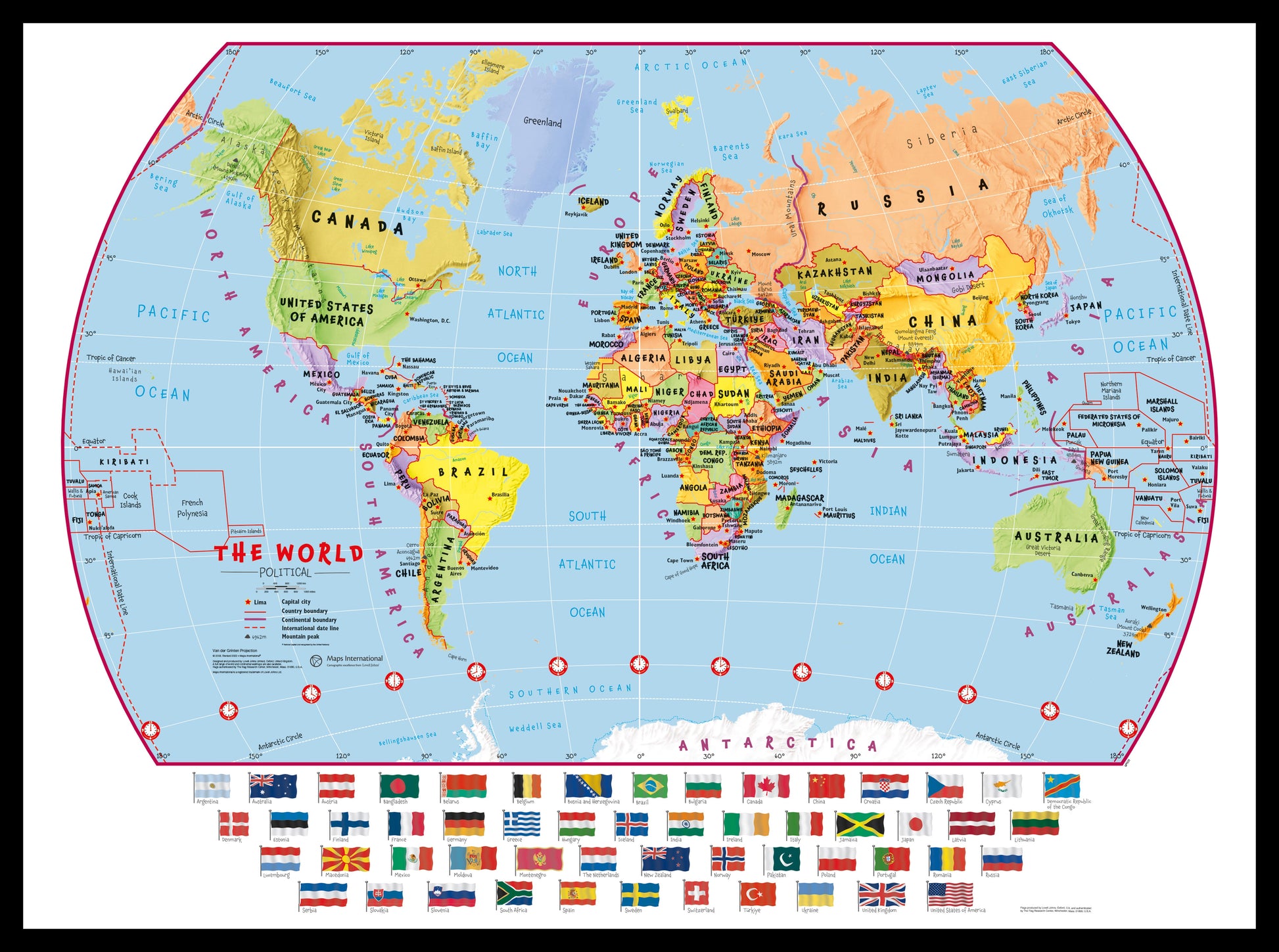WM00414_S_PINBL - Primary World Wall Map Political with flags