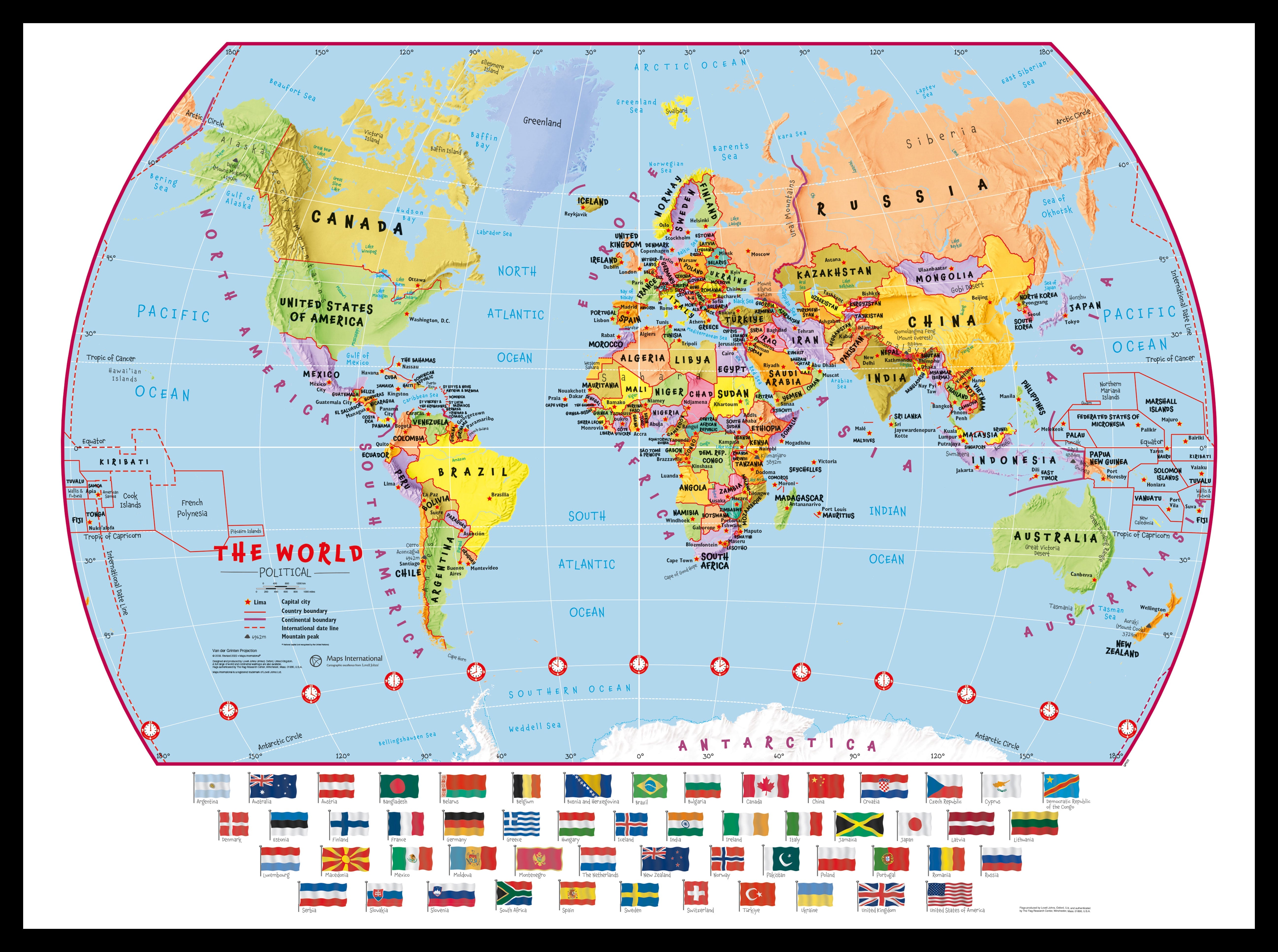 WM00414_S_PINBL - Primary World Wall Map Political with flags