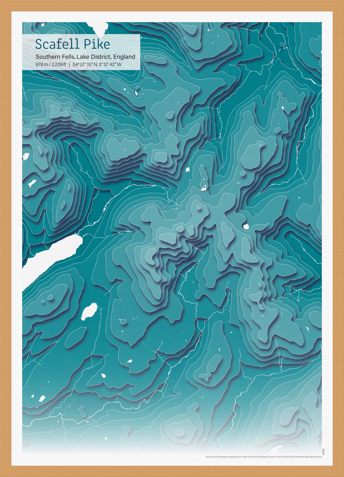 UK01839_3_WDOAK - A3 Scafell Pike Topographic Cut Out Contour Map Print - Teal