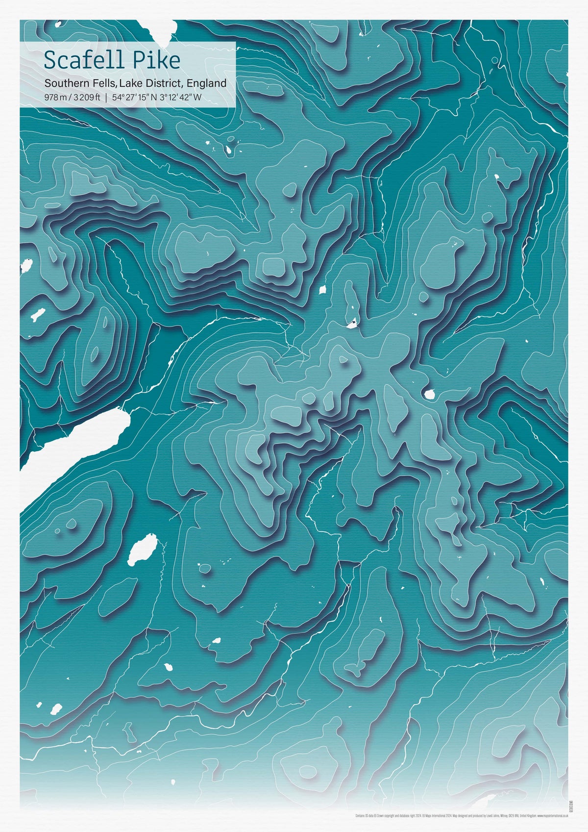 UK01839_3_MATTP - A3 Scafell Pike Topographic Cut Out Contour Map Print - Teal