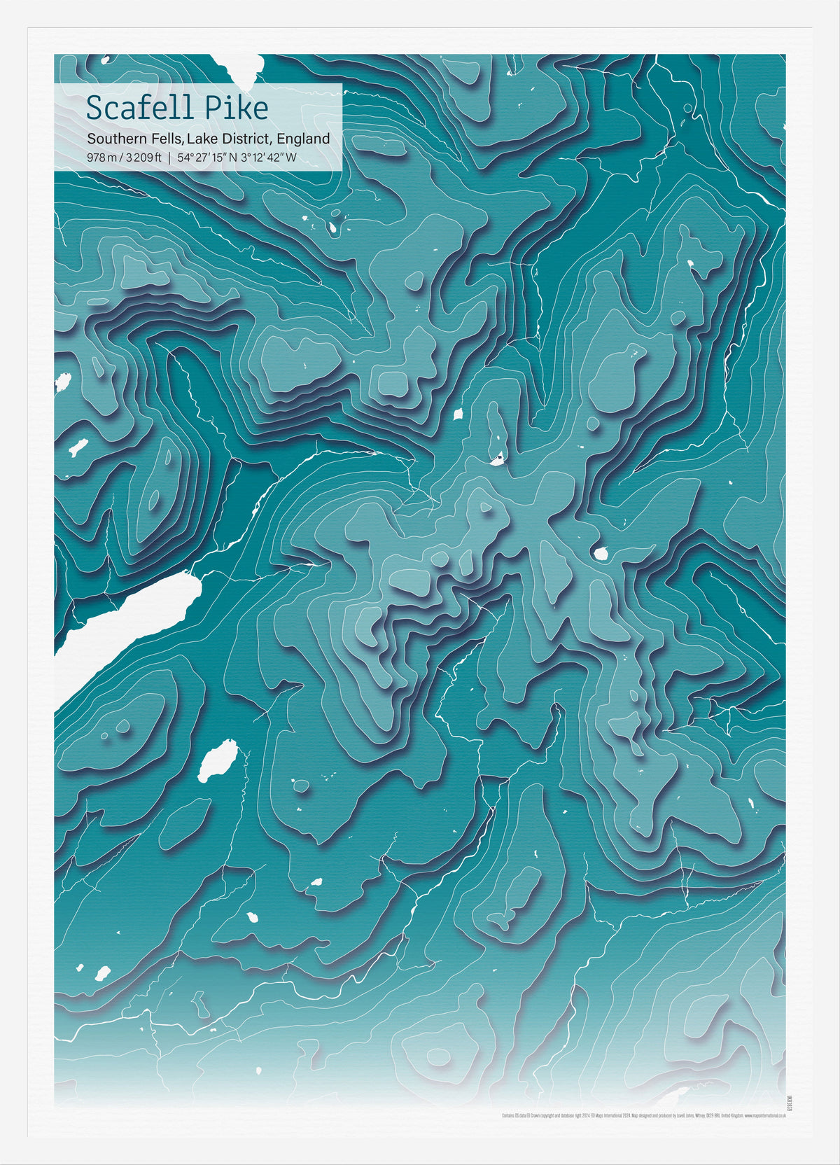 UK01839_3_WDWHI - A3 Scafell Pike Topographic Cut Out Contour Map Print - Teal