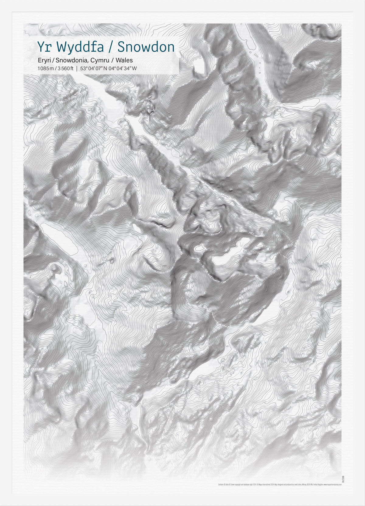 UK01748_S_WDWHI - Small Snowdon Topographic Contour Map Print