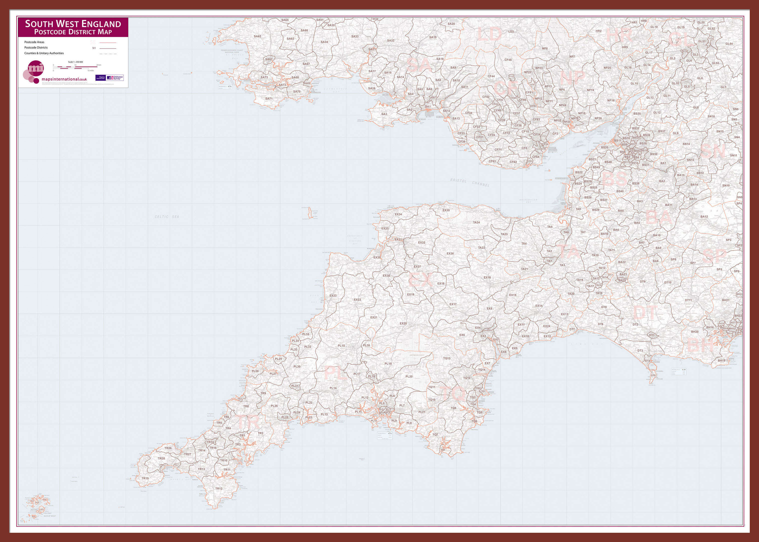 UK00037_L_LBDOK - South West England Postcode District Map
