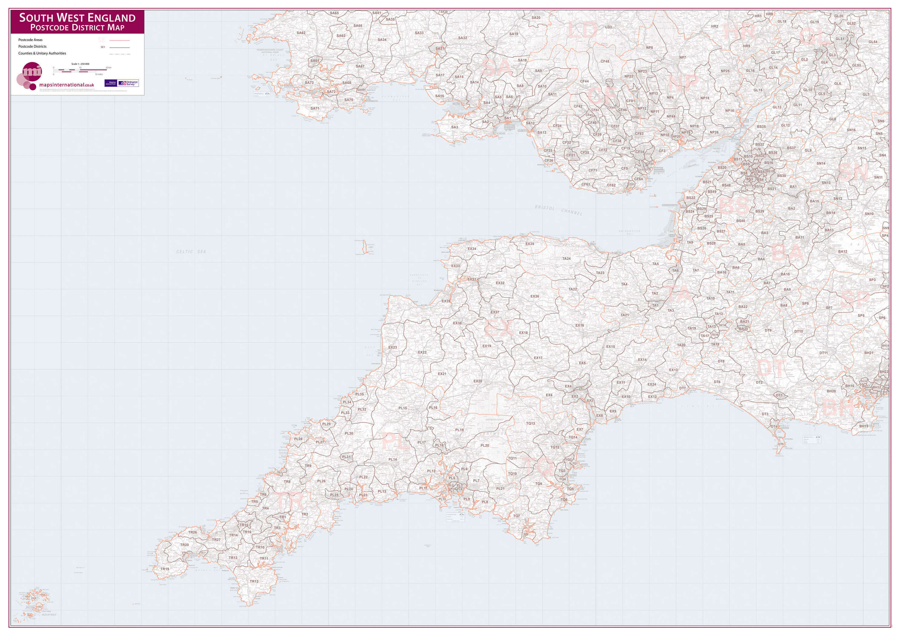 UK00037_L_PAPER - South West England Postcode District Map