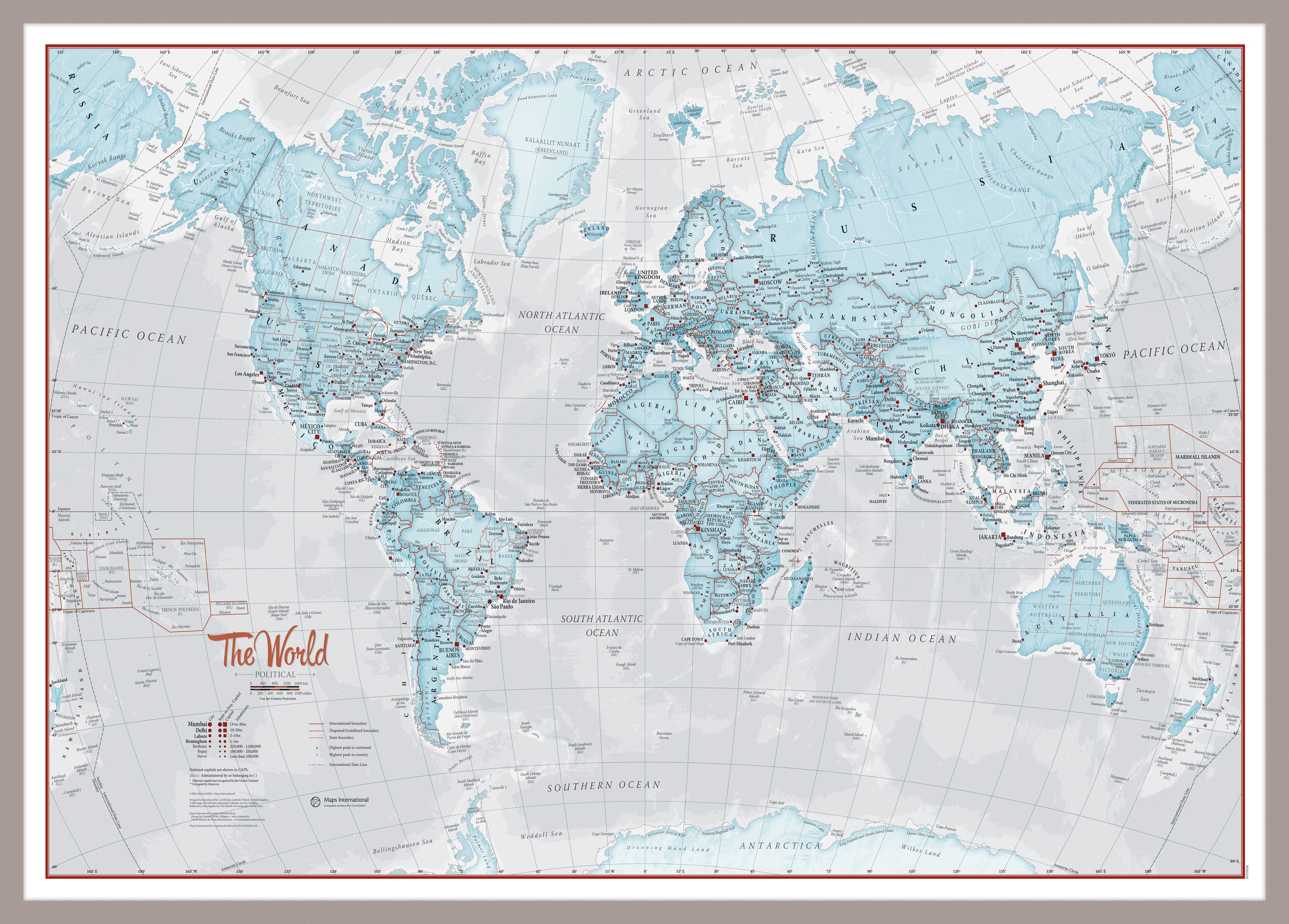 The World Is Art Wall Map Aqua Aluminium Frame