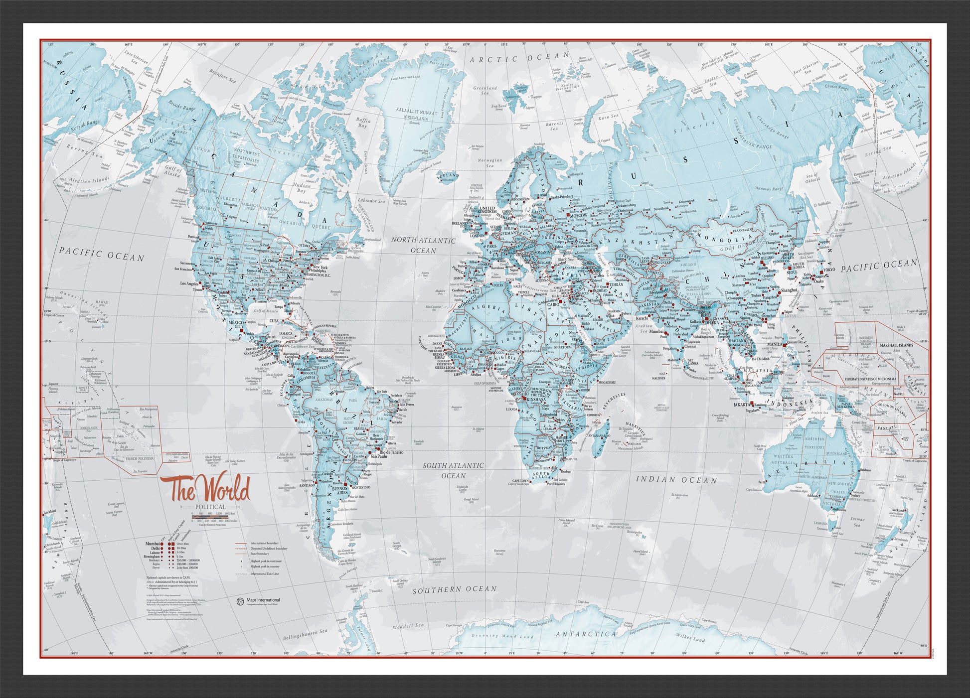 The World Is Art Wall Map Aqua Black Frame Wdbla