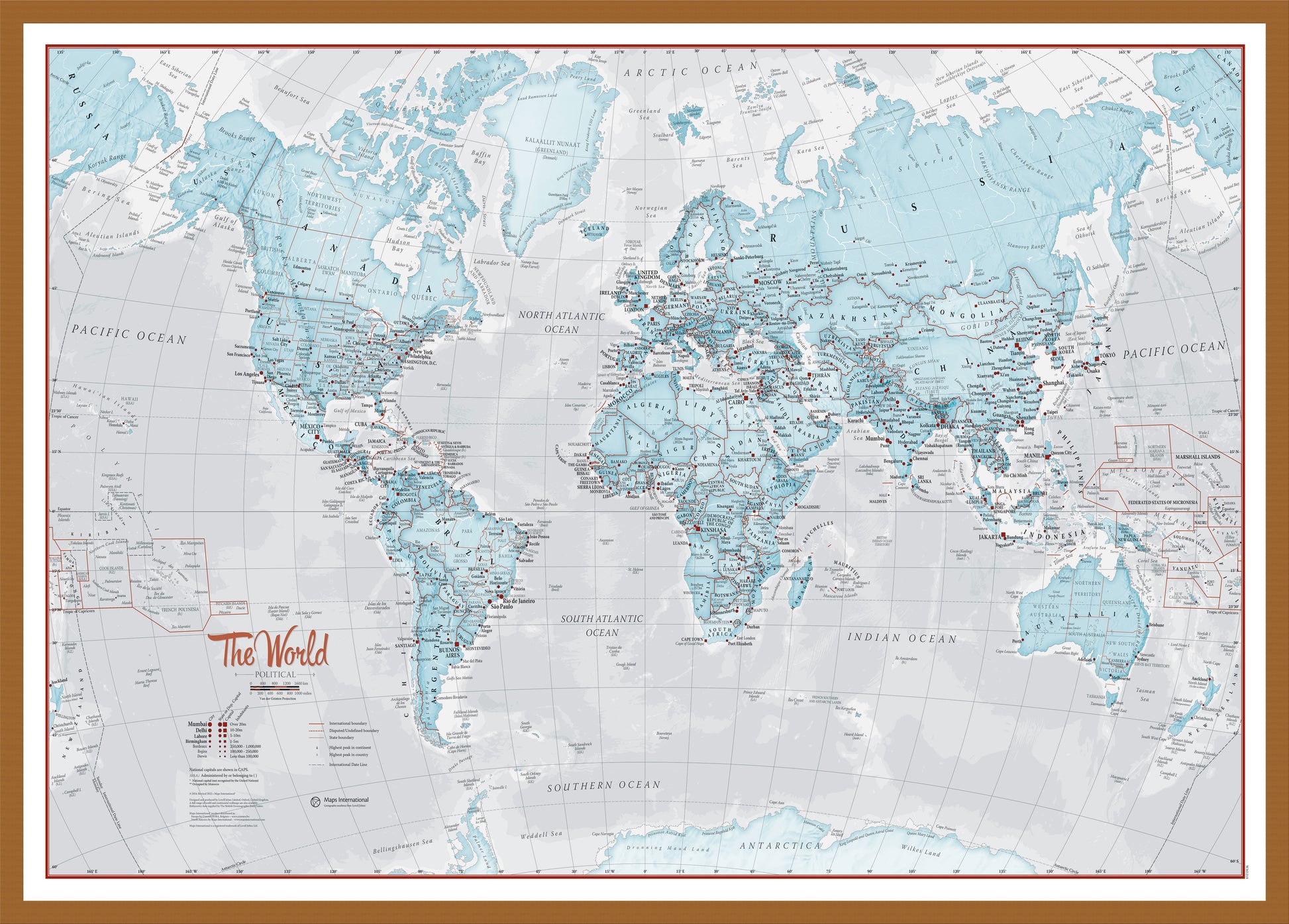 The World Is Art Wall Map Aqua Teak Frame Wdtea