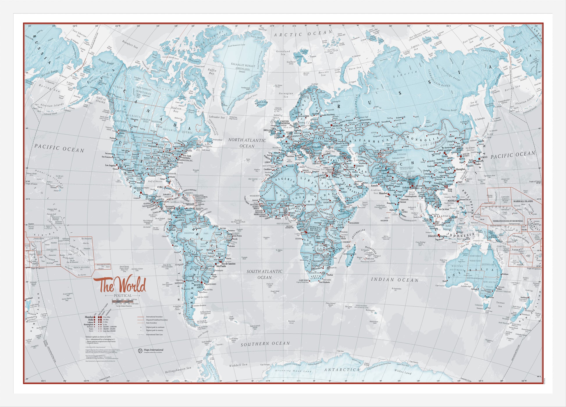 The World Is Art Wall Map Aqua White Frame