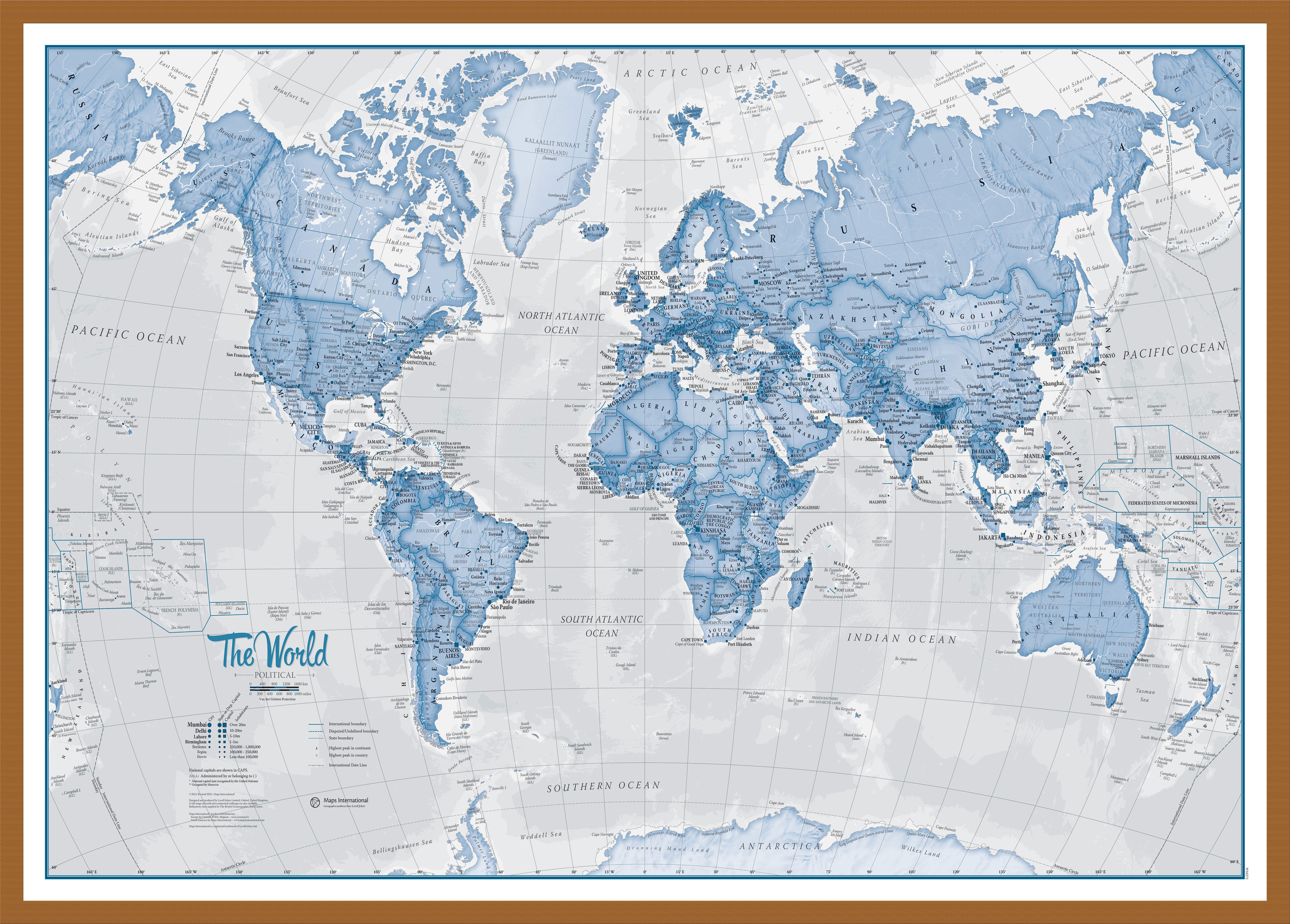 The World Is Art Wall Map Blue Teak Frame Wdtea