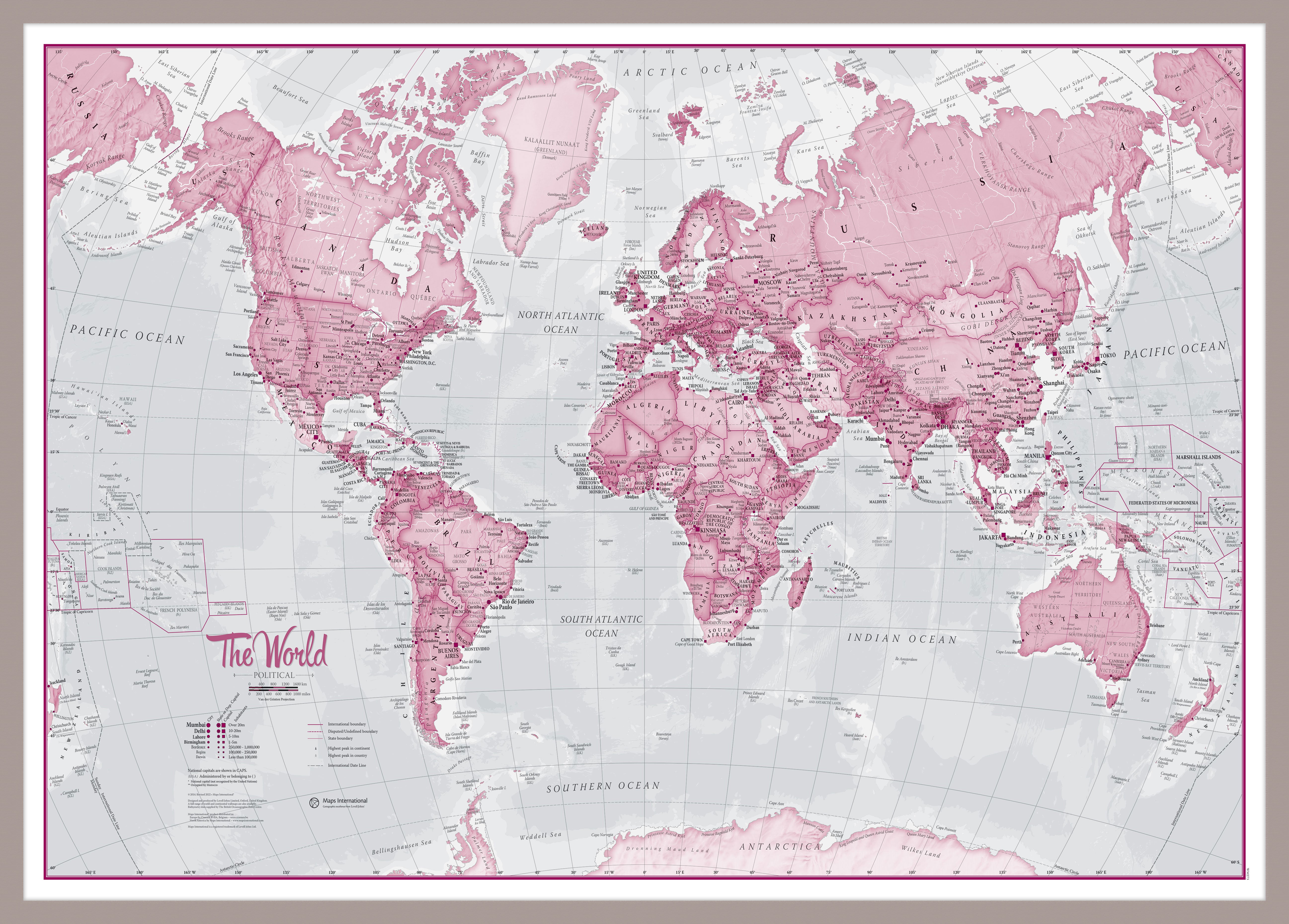The World Is Art Wall Map Pink Aluminium Frame