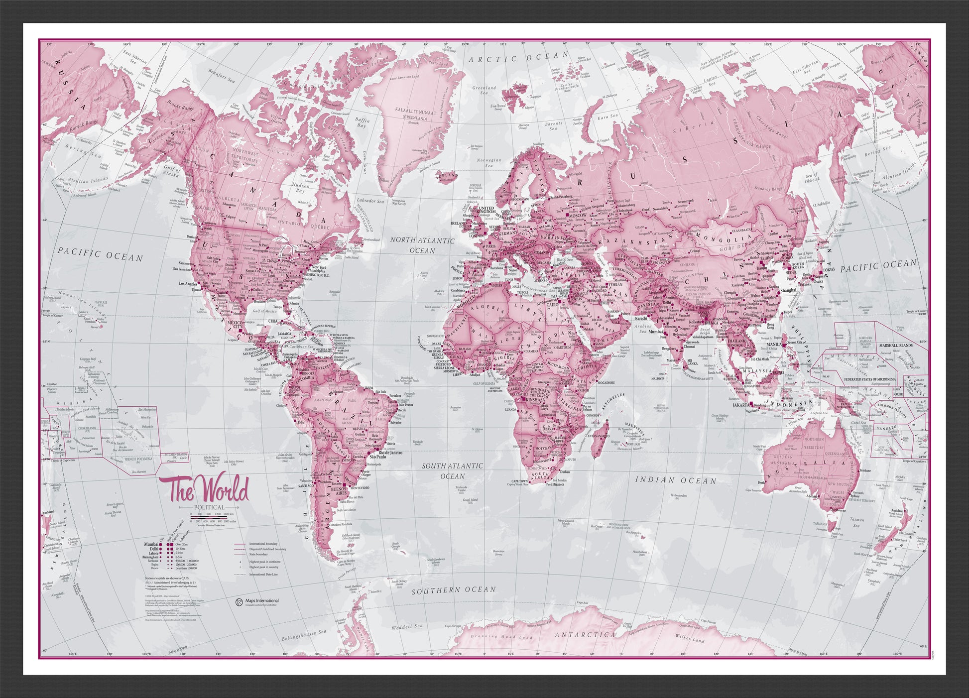 The World Is Art Wall Map Pink Black Frame Wdbla