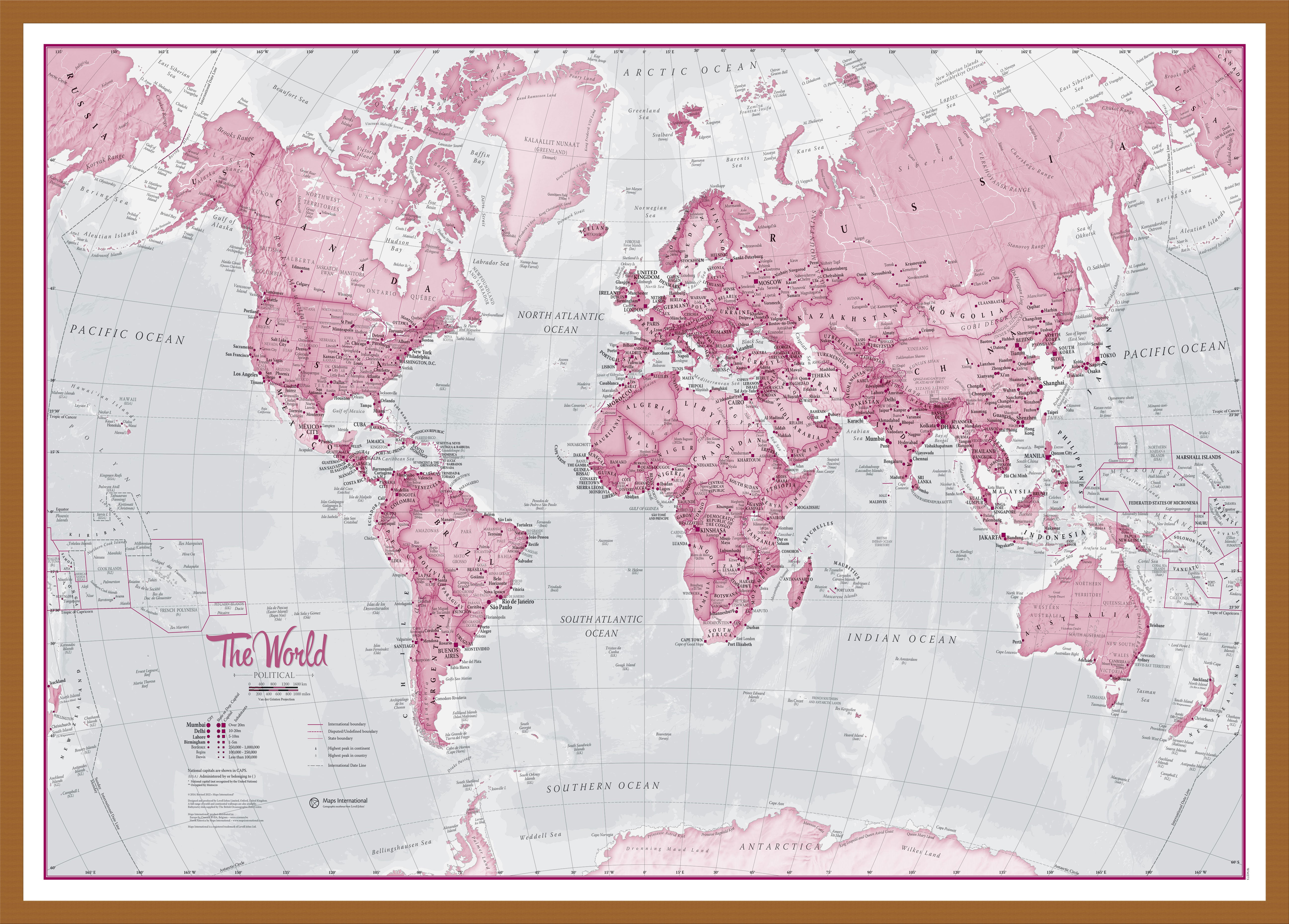 The World Is Art Wall Map Pink Teak Frame Wdtea