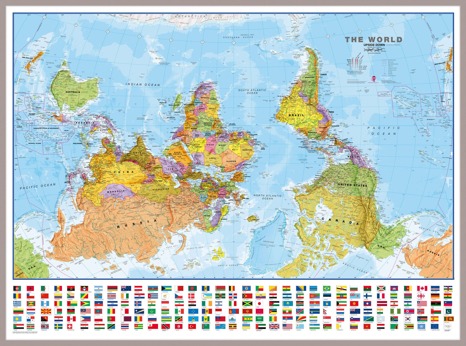 WM00627_L_MGFAL - Upside-down World Wall Map Political with flags