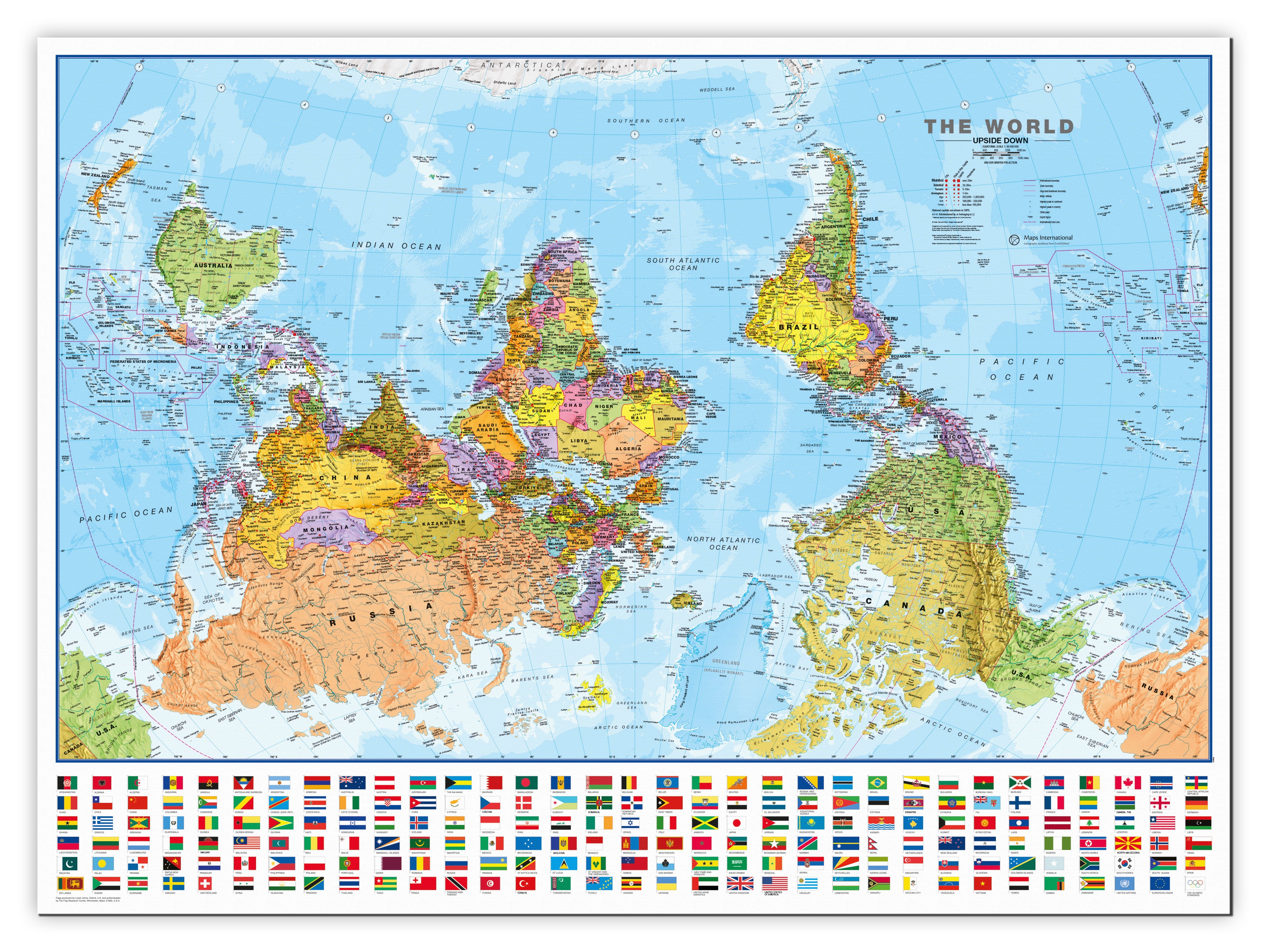 WM00627_L_CANVA - Upside-down World Wall Map Political with flags