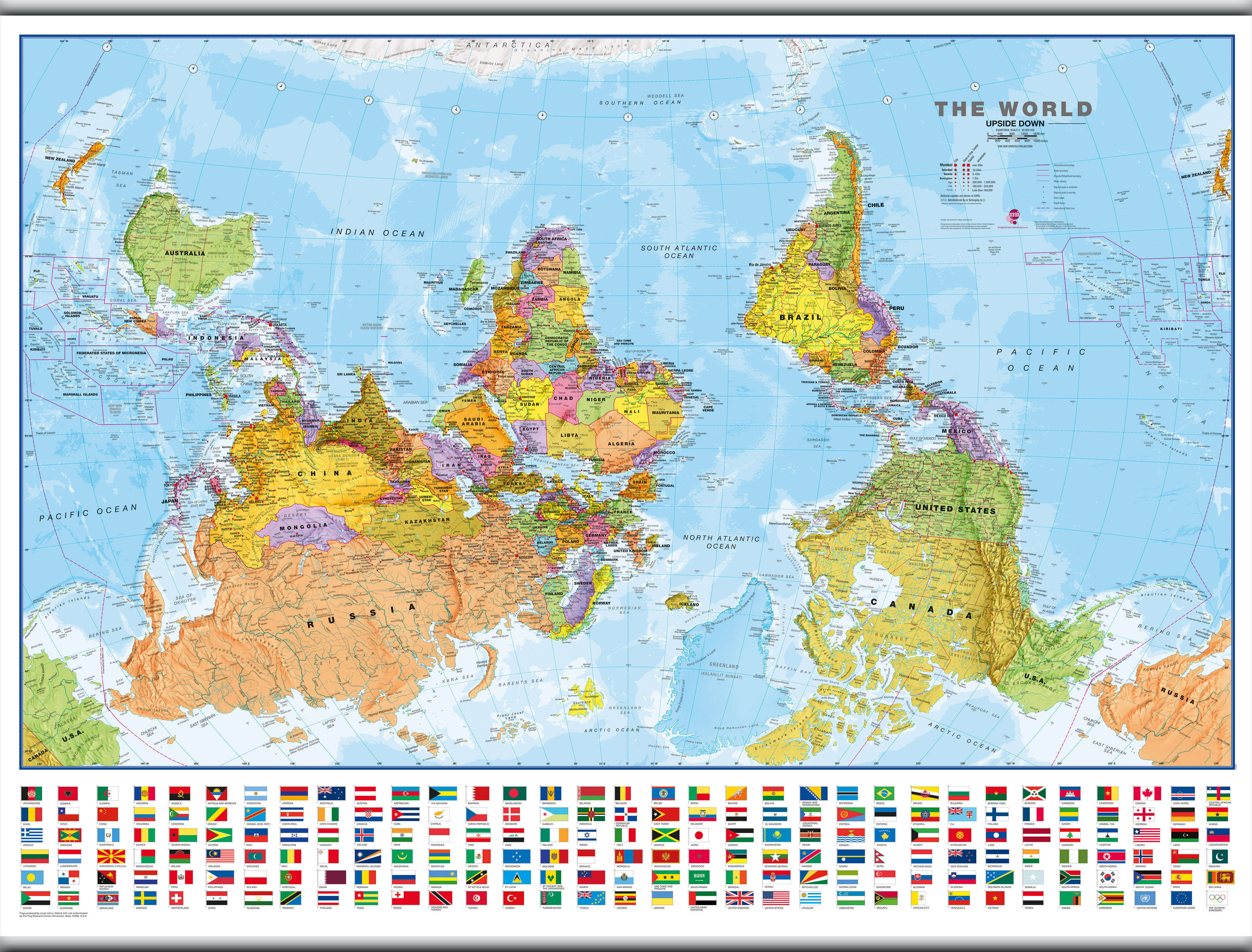 WM00627_L_CANHB - Upside-down World Wall Map Political with flags