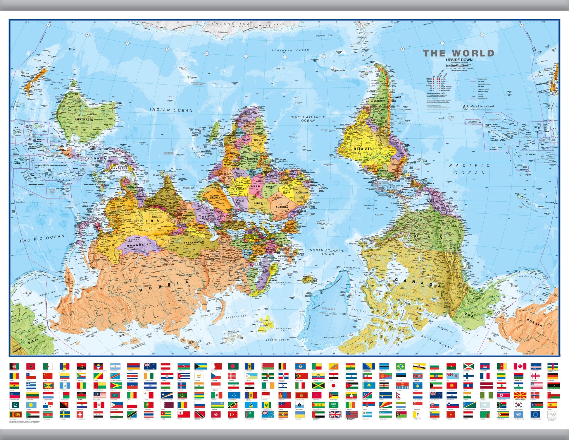 WM00627_L_LAMHB - Upside-down World Wall Map Political with flags