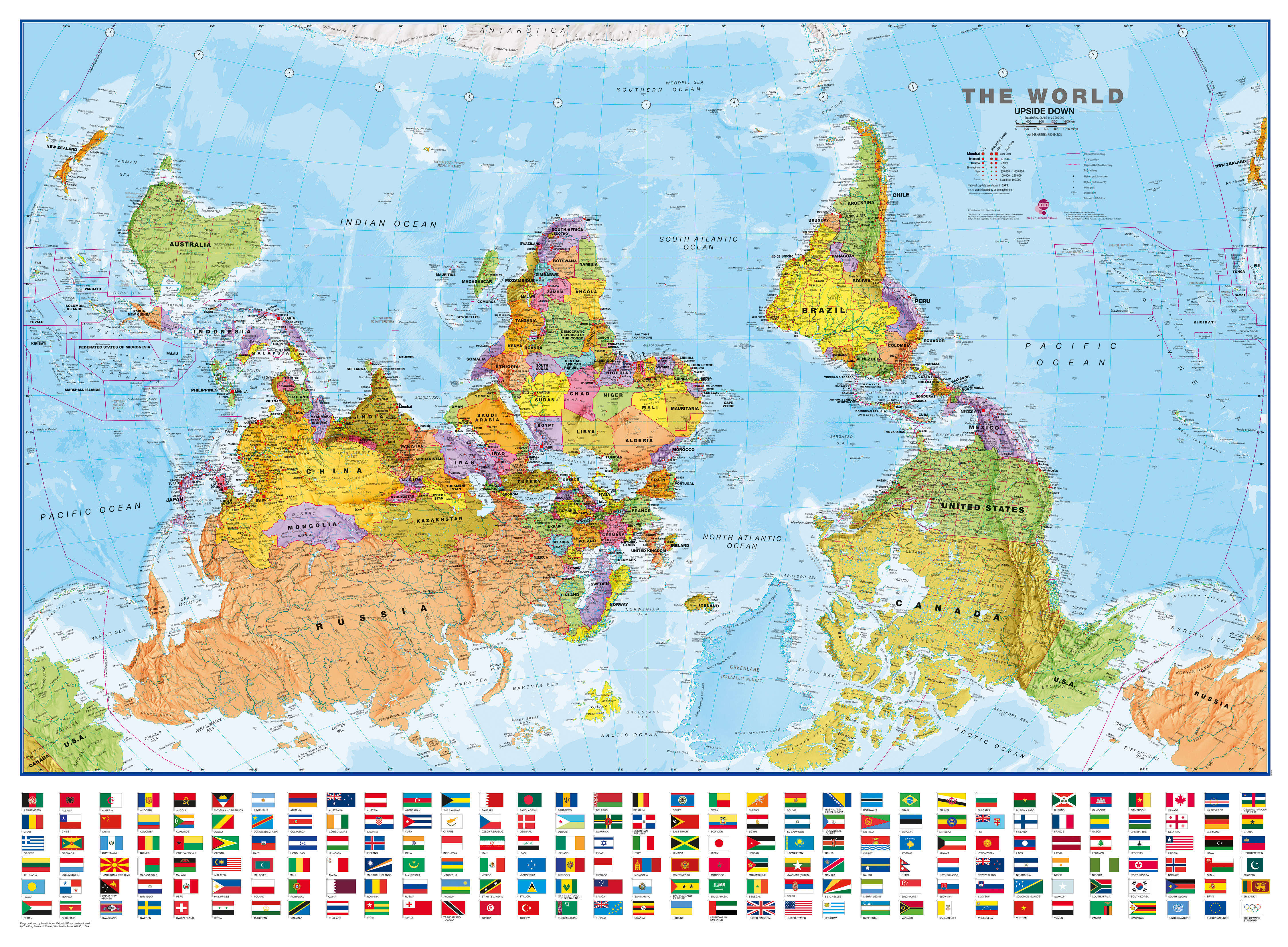 WM00627_L_CANRL - Upside-down World Wall Map Political with flags