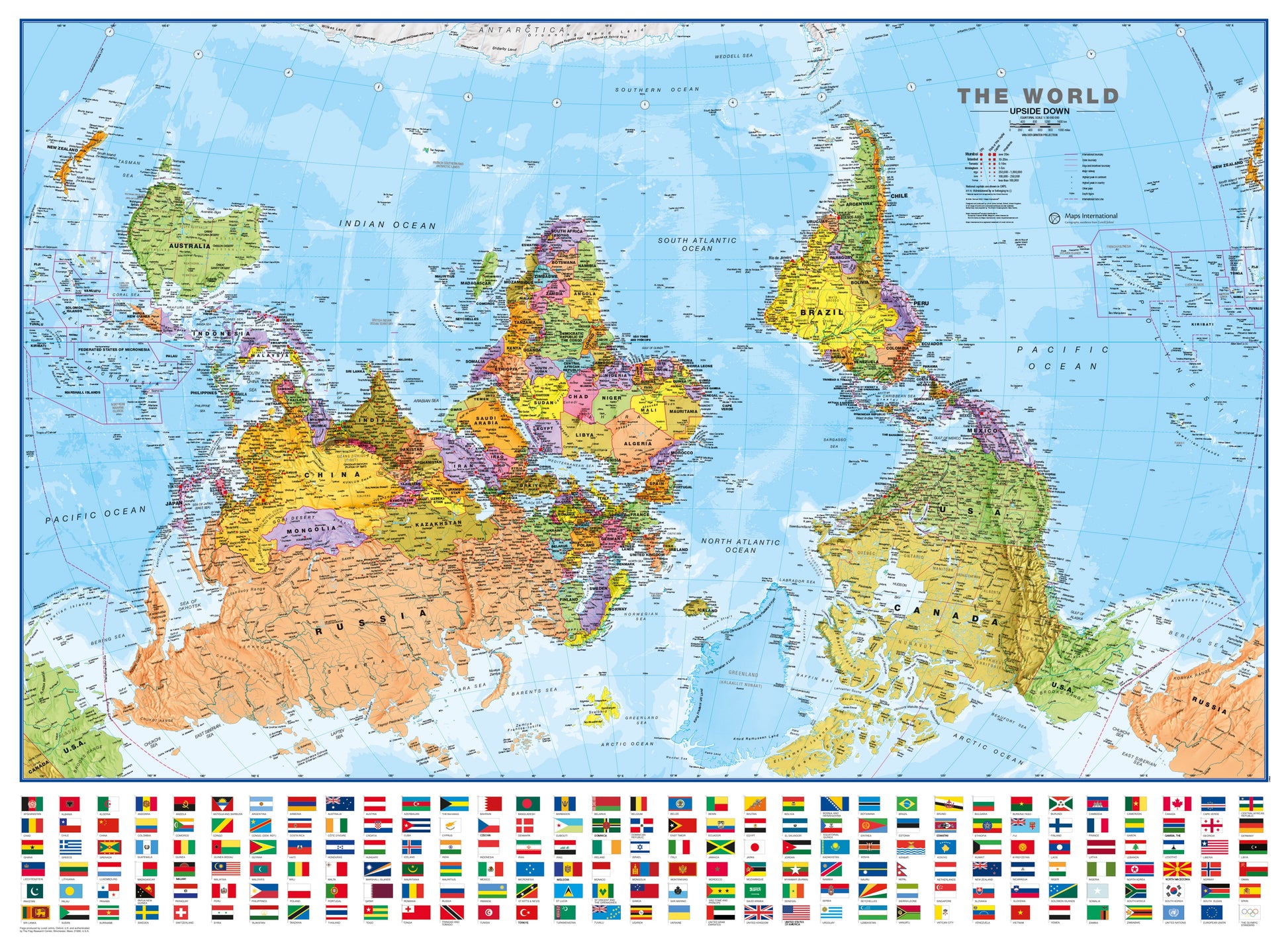 WM00627_L_PAPER - Upside-down World Wall Map Political with flags