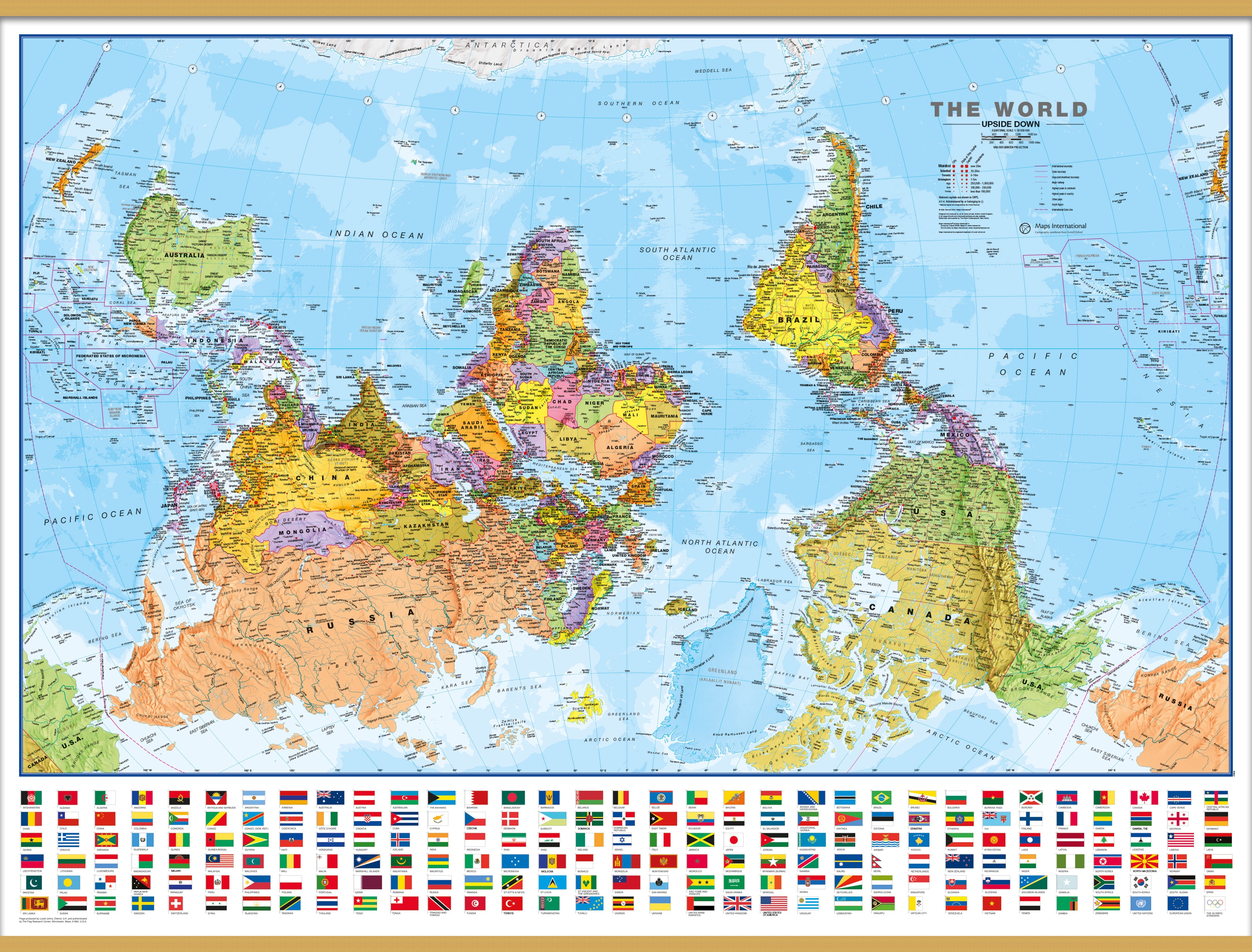 WM00627_L_LWDHB - Upside-down World Wall Map Political with flags