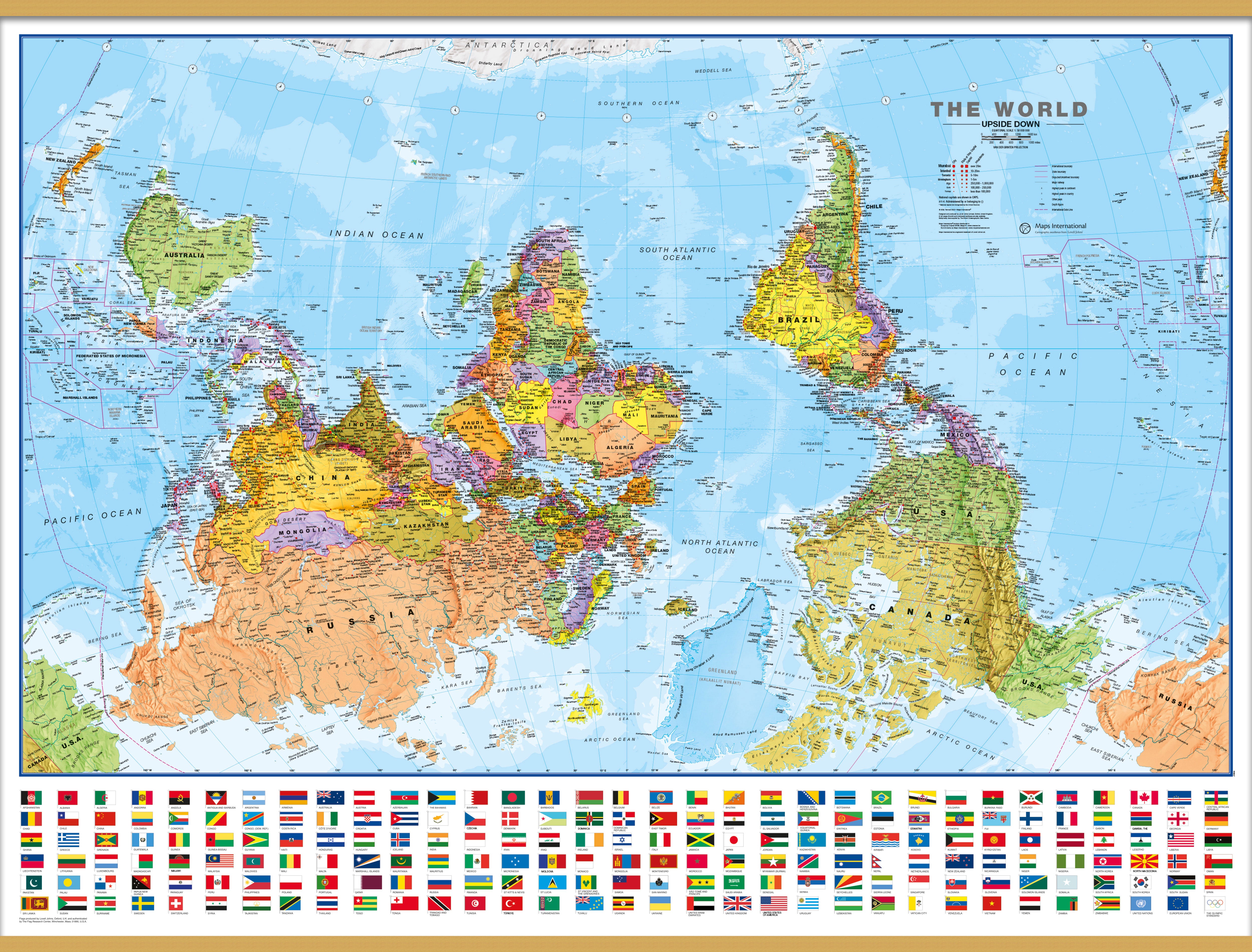 Upside Down World Wall Map Political With Flags Wooden Bars Lwdhb