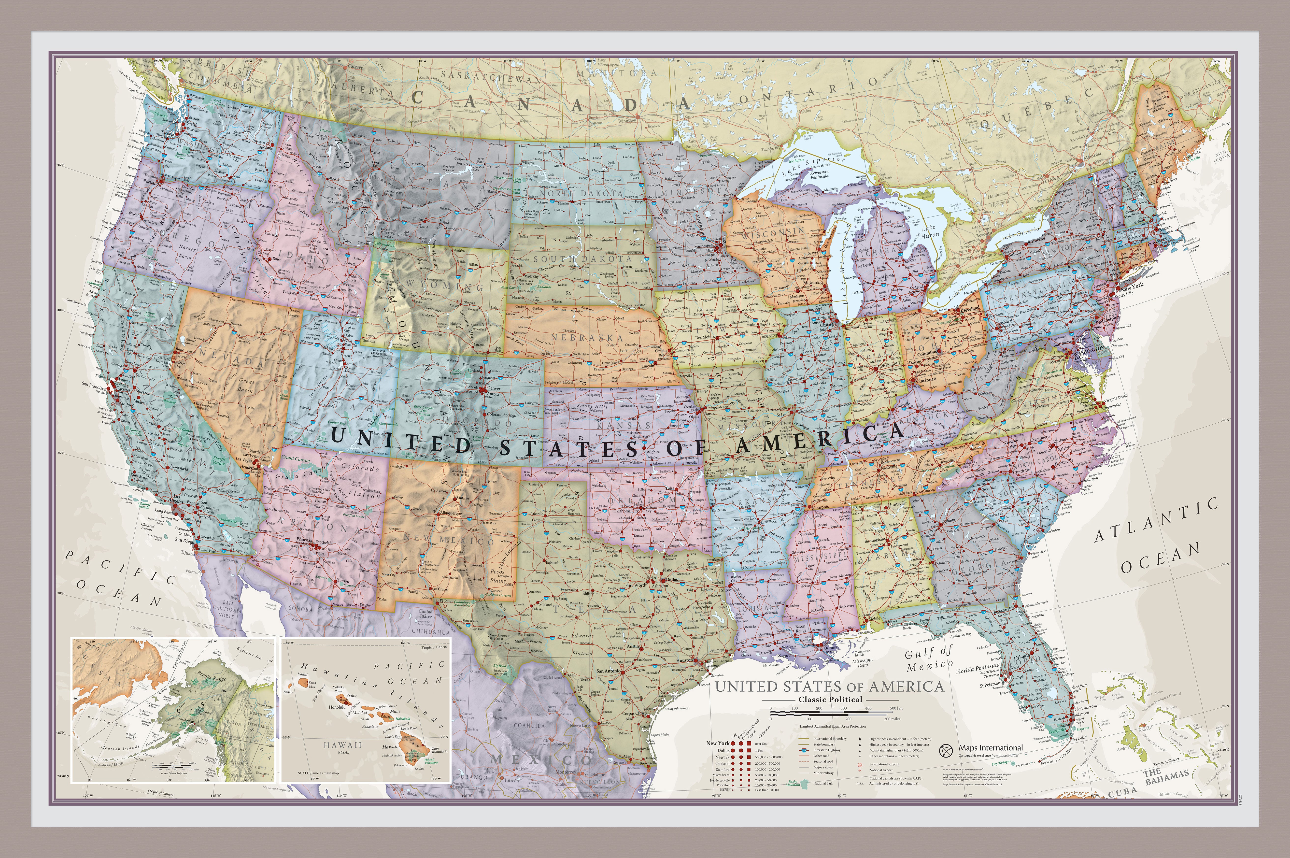 Usa Classic Wall Map Aluminium Frame