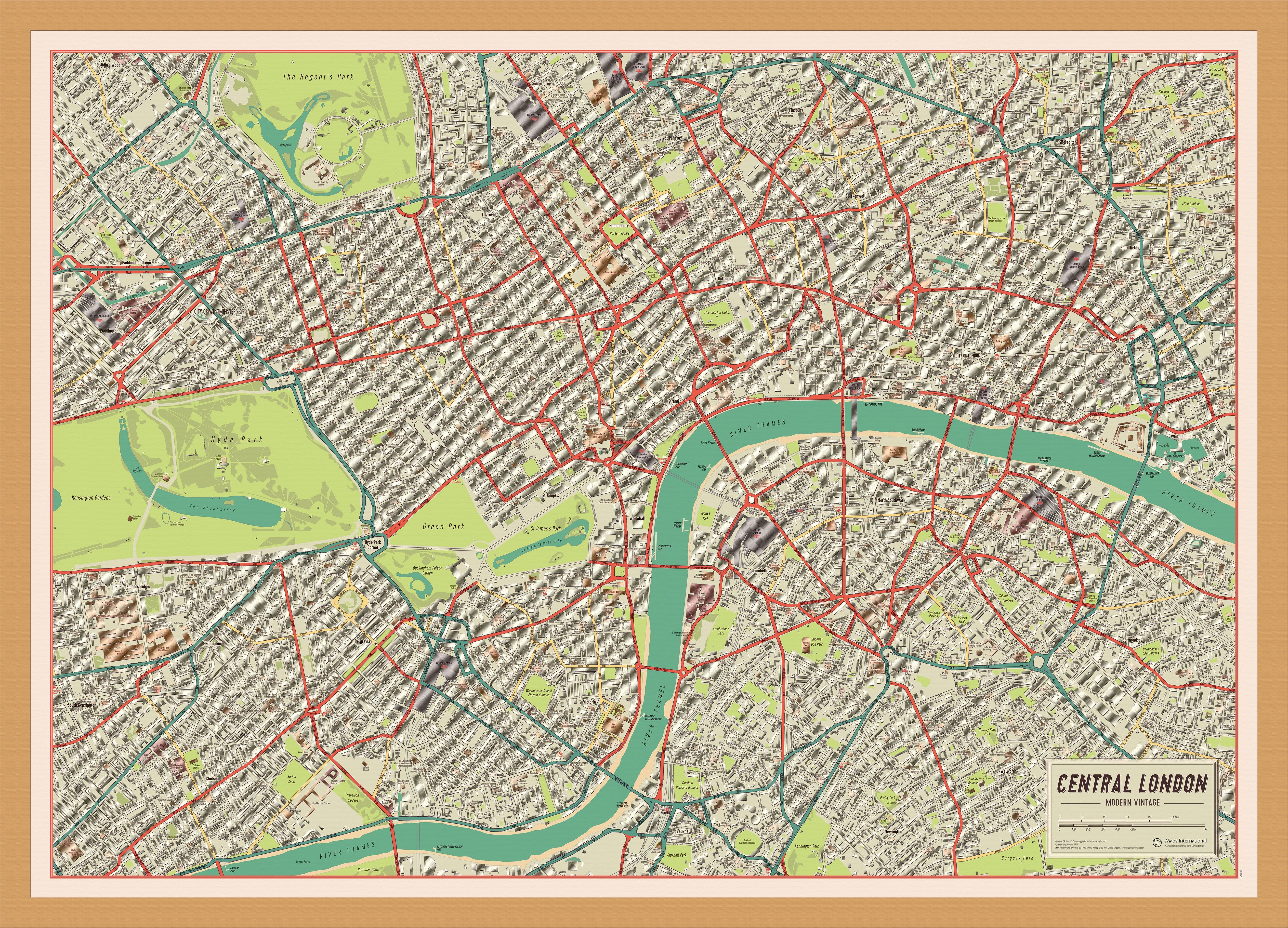 UK01751_M_WDOAK - Medium Vintage Map of London Poster (Wood Frame - Oak)