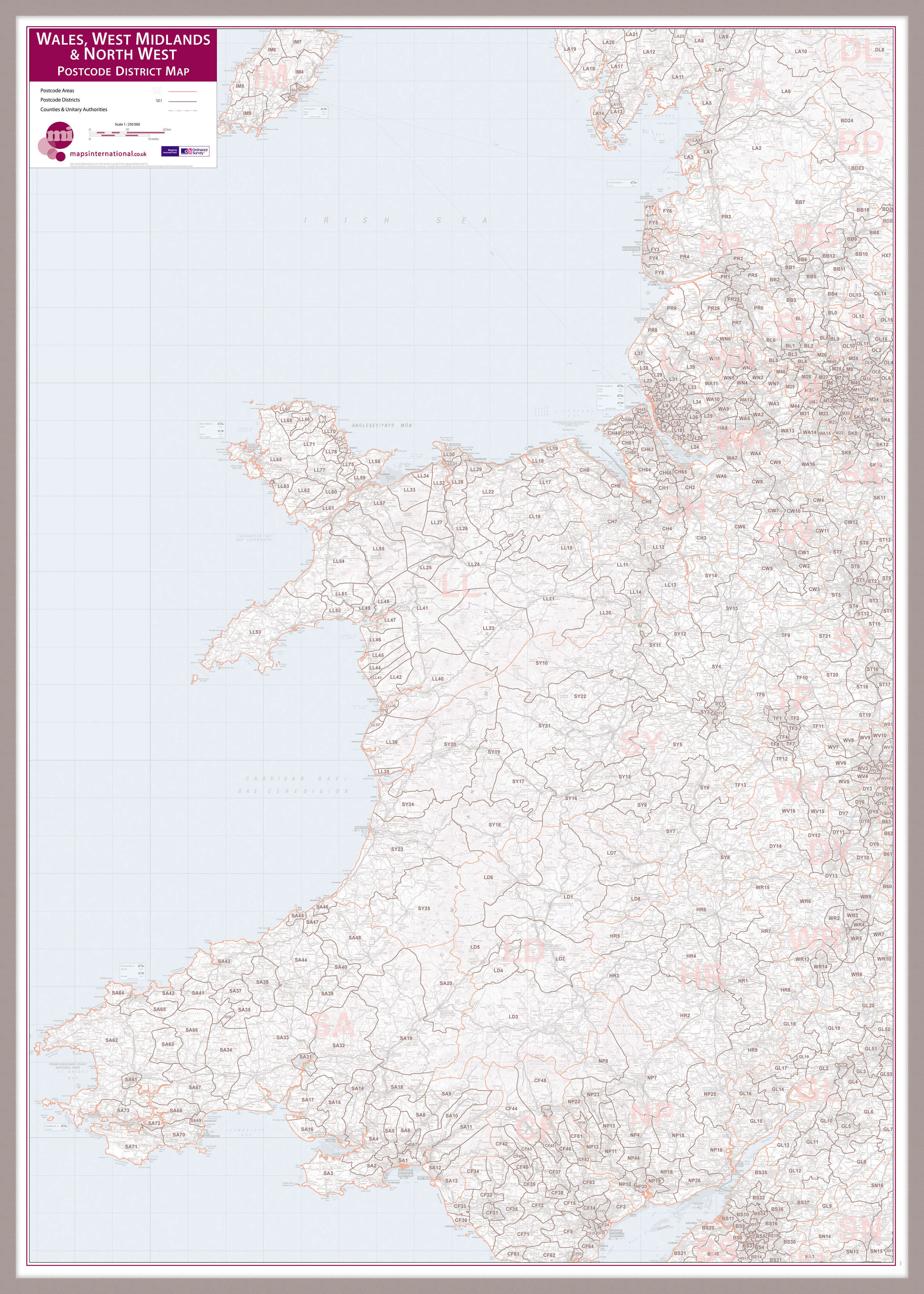 UK00038_L_LBDAL - Wales, West Midlands and North West Postcode District Map