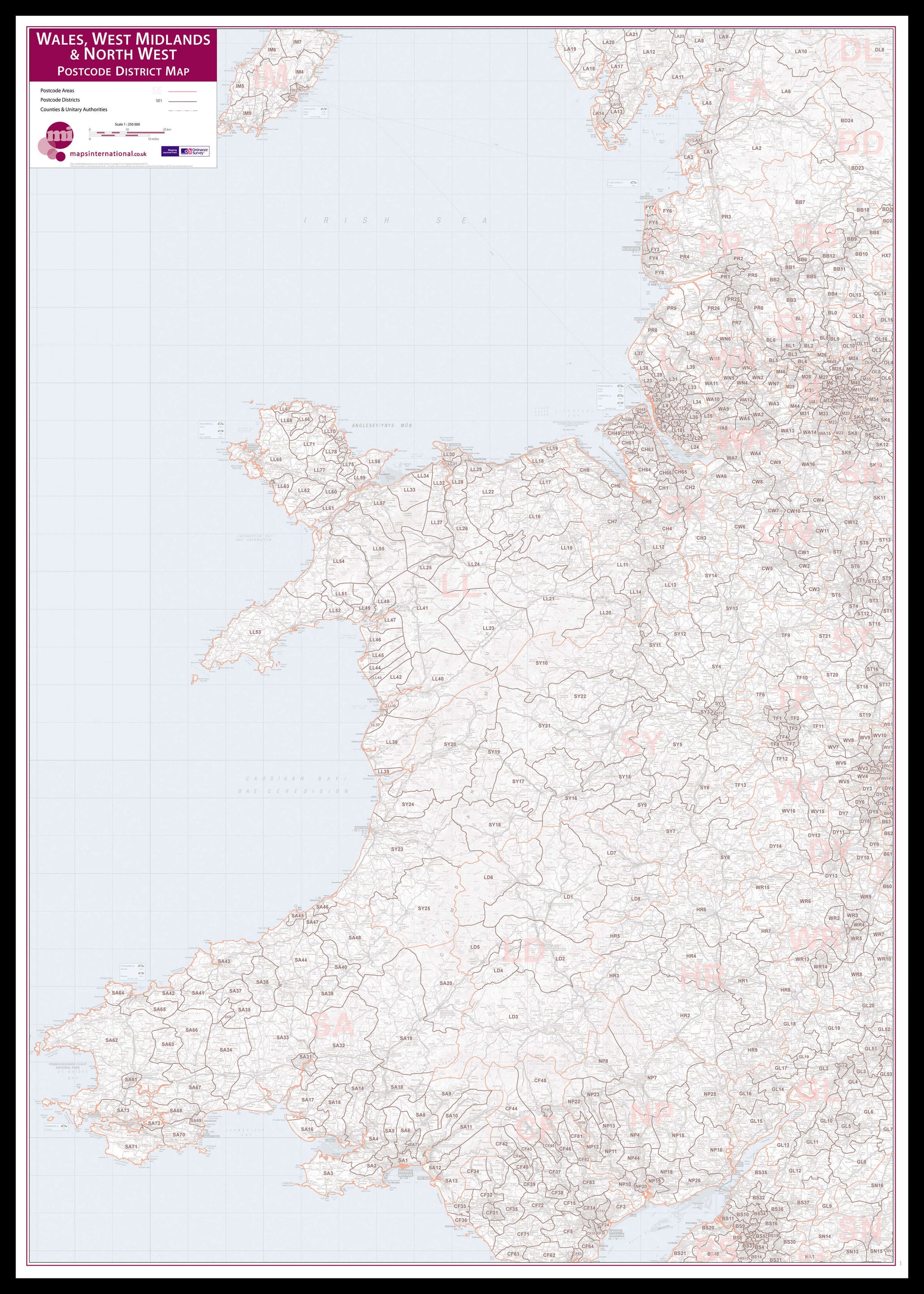 UK00038_L_LBDBL - Wales, West Midlands and North West Postcode District Map