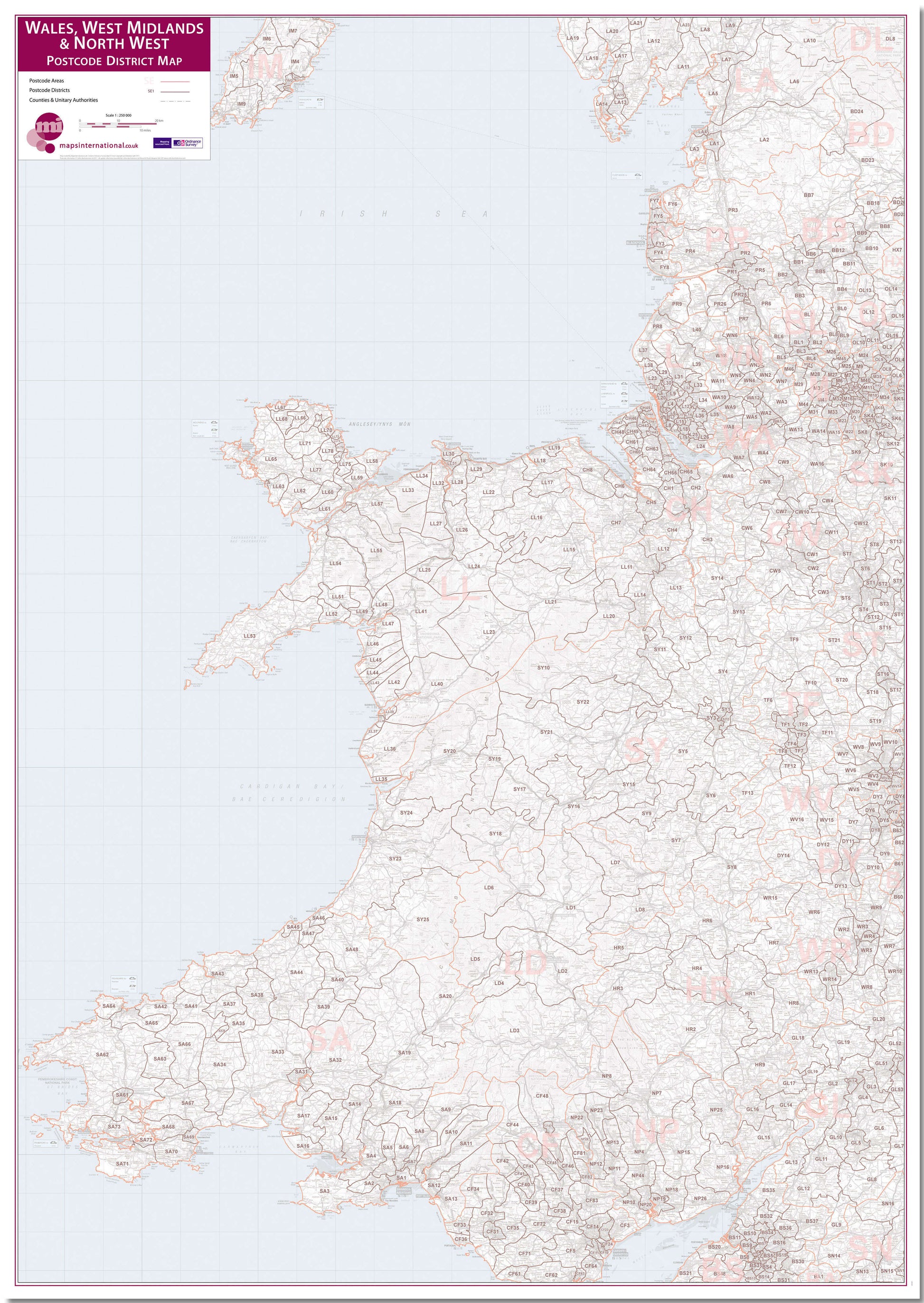 UK00038_L_LMBRD - Wales, West Midlands and North West Postcode District Map