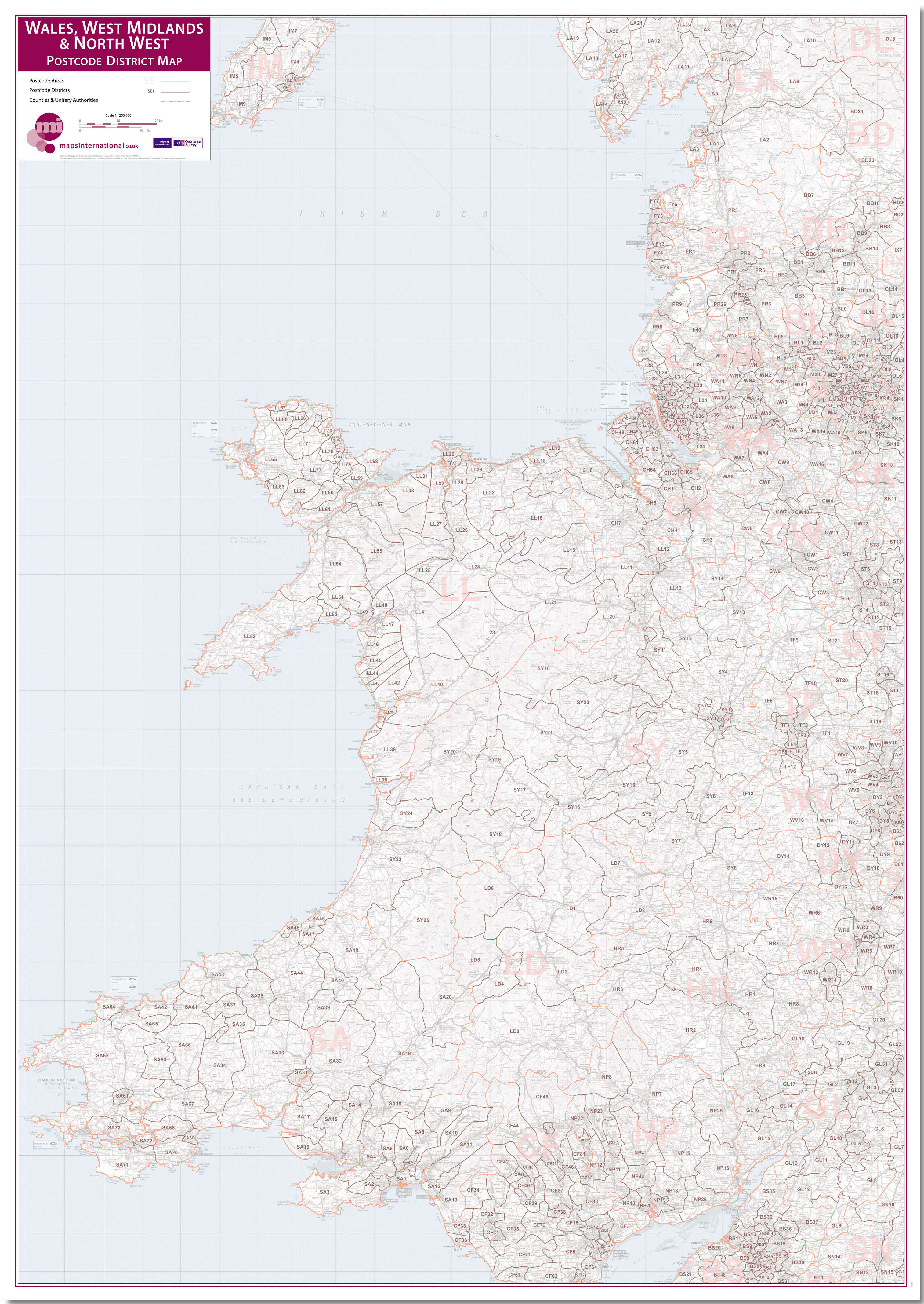 UK00038_L_LMBRD - Wales, West Midlands and North West Postcode District Map