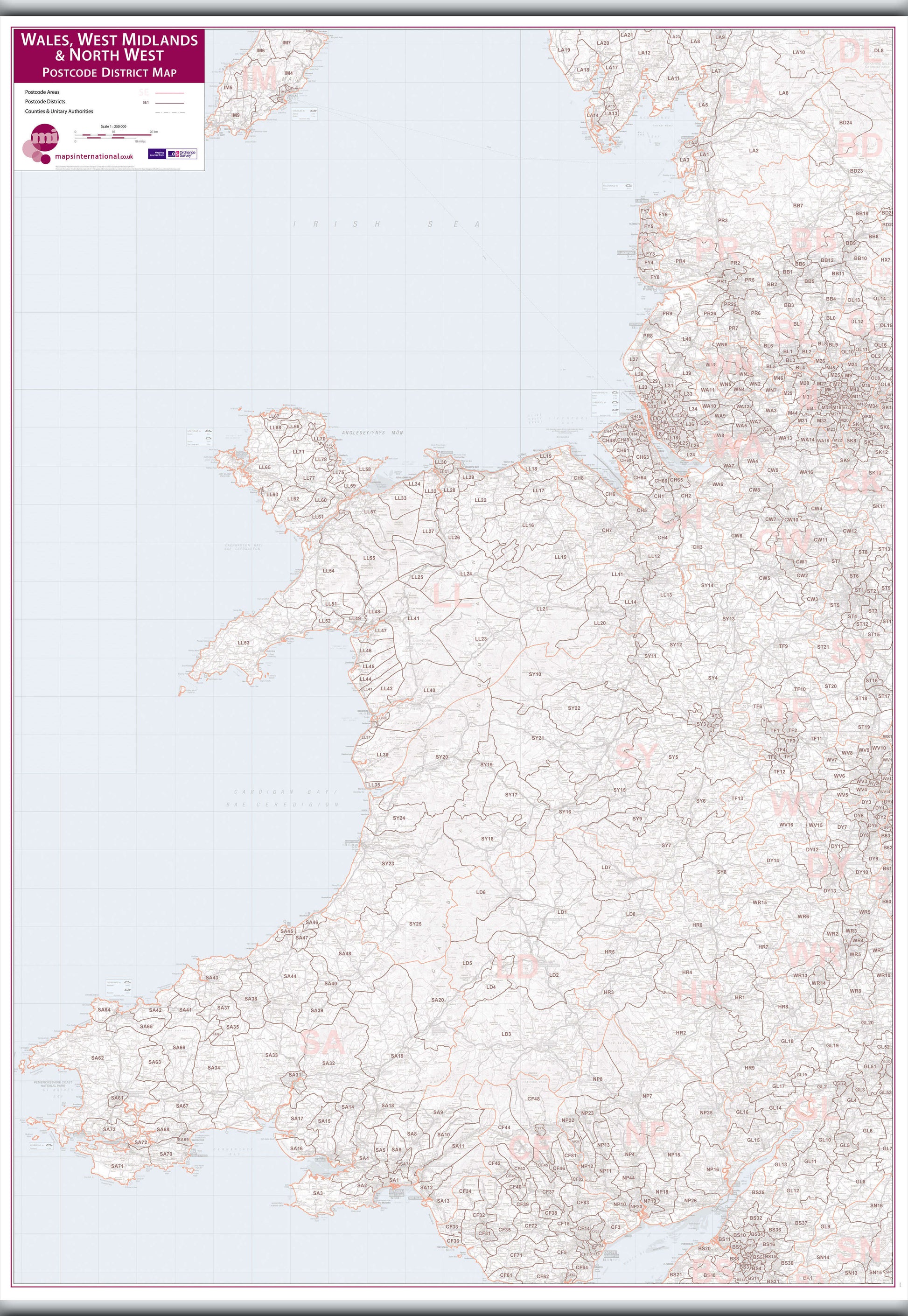 UK00038_L_LAMHB - Wales, West Midlands and North West Postcode District Map