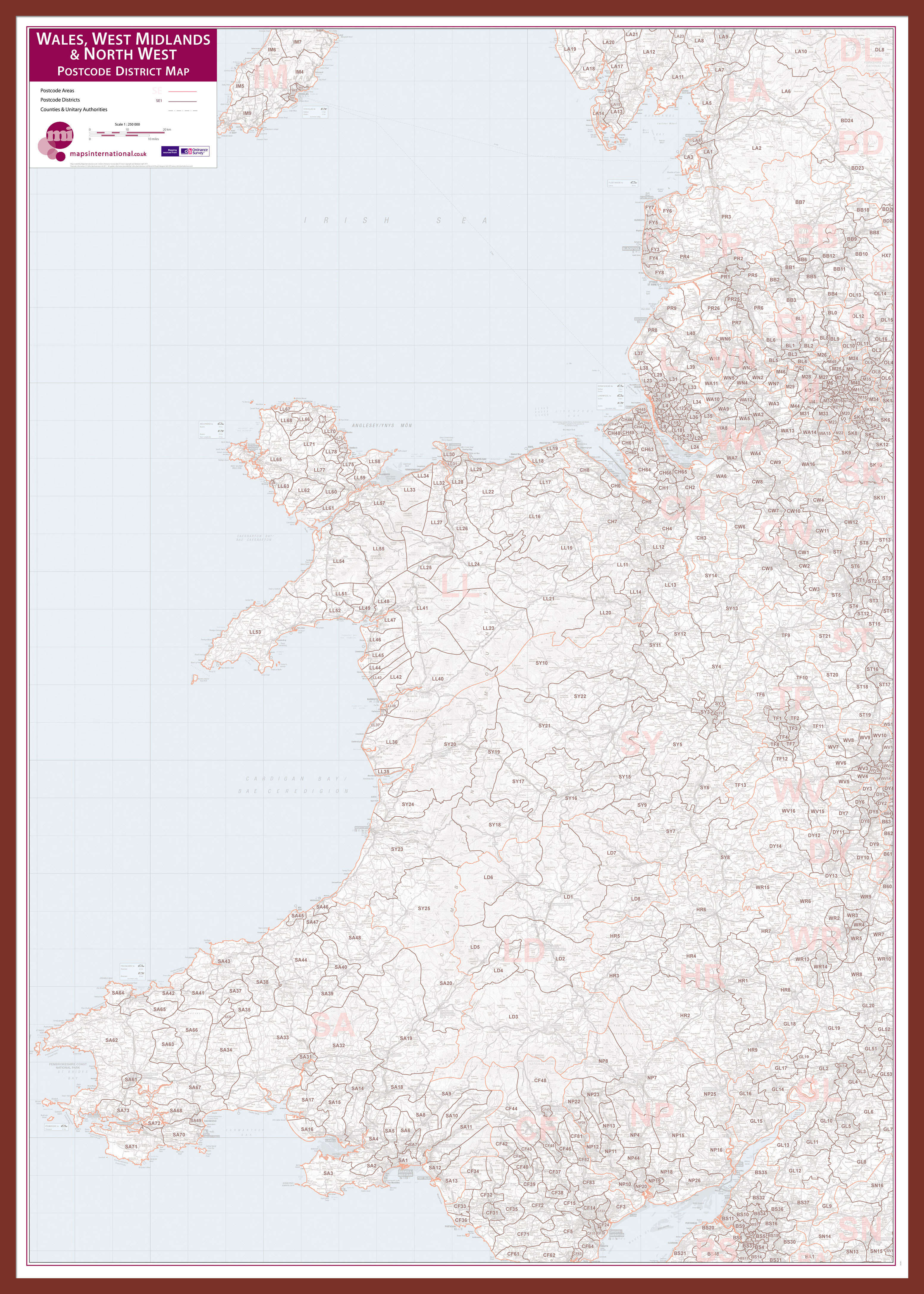 UK00038_L_LBDOK - Wales, West Midlands and North West Postcode District Map