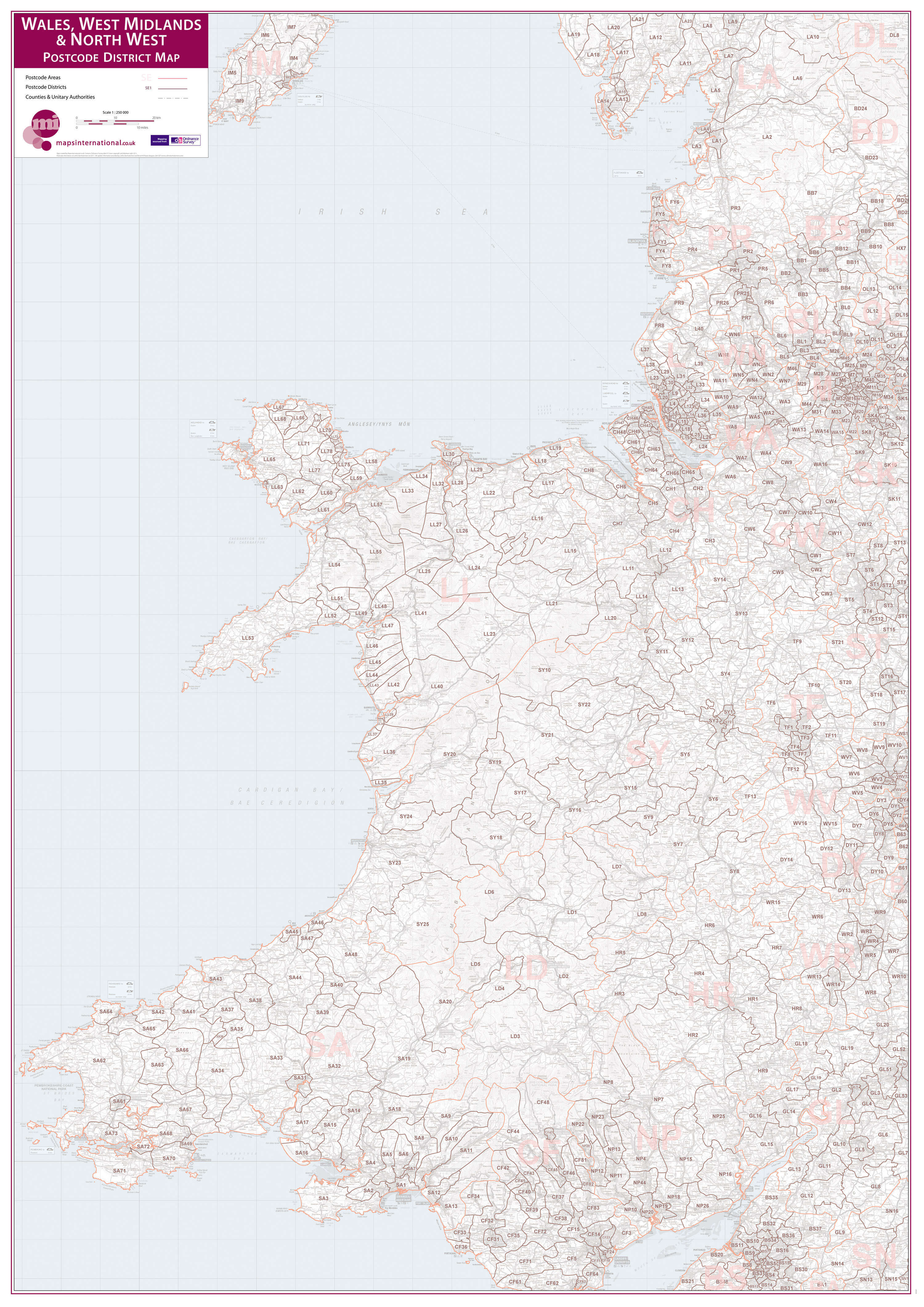 UK00038_L_LAMIN - Wales, West Midlands and North West Postcode District Map