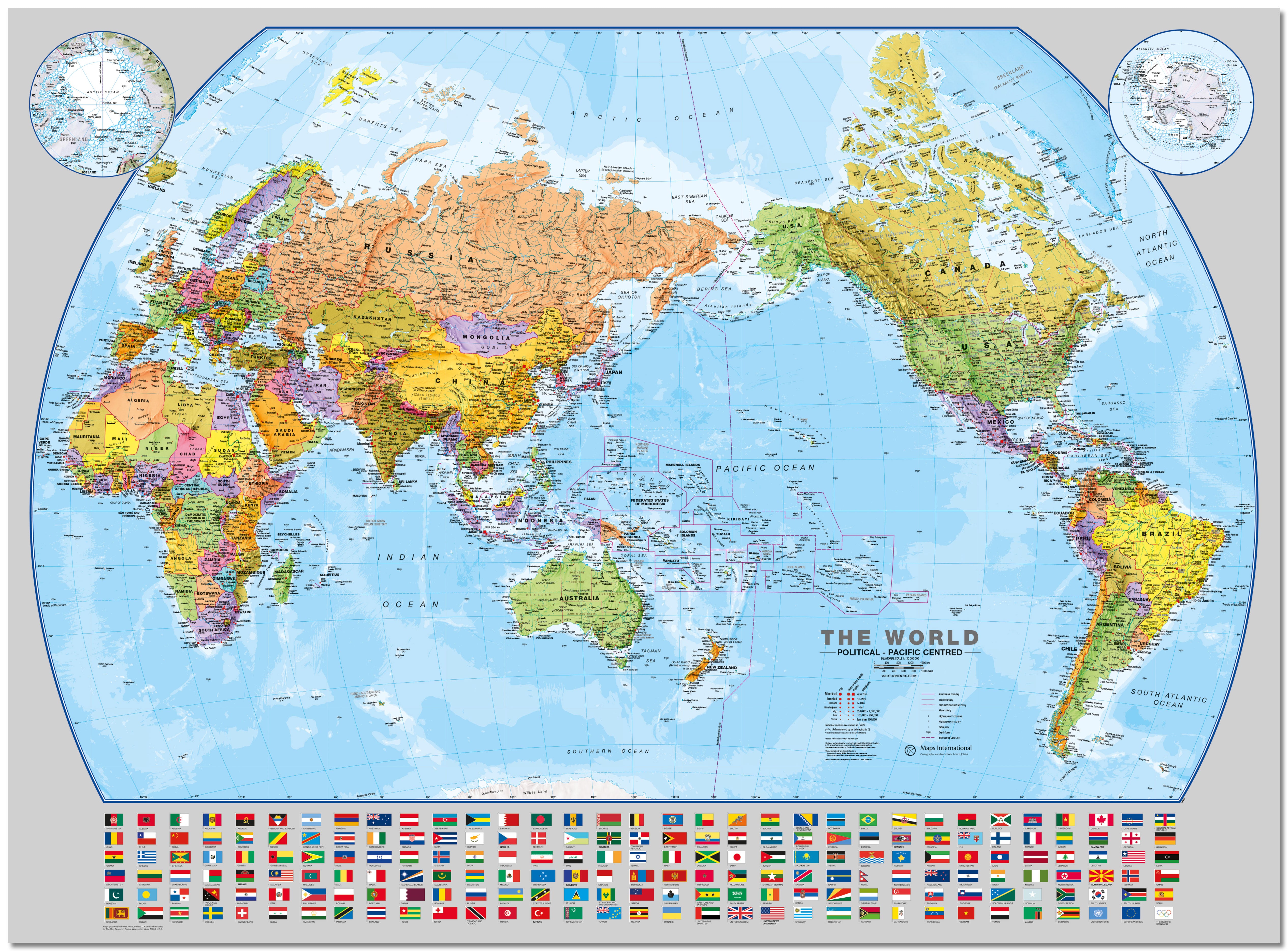 World Pacific Centred Wall Map With Flags Board Board