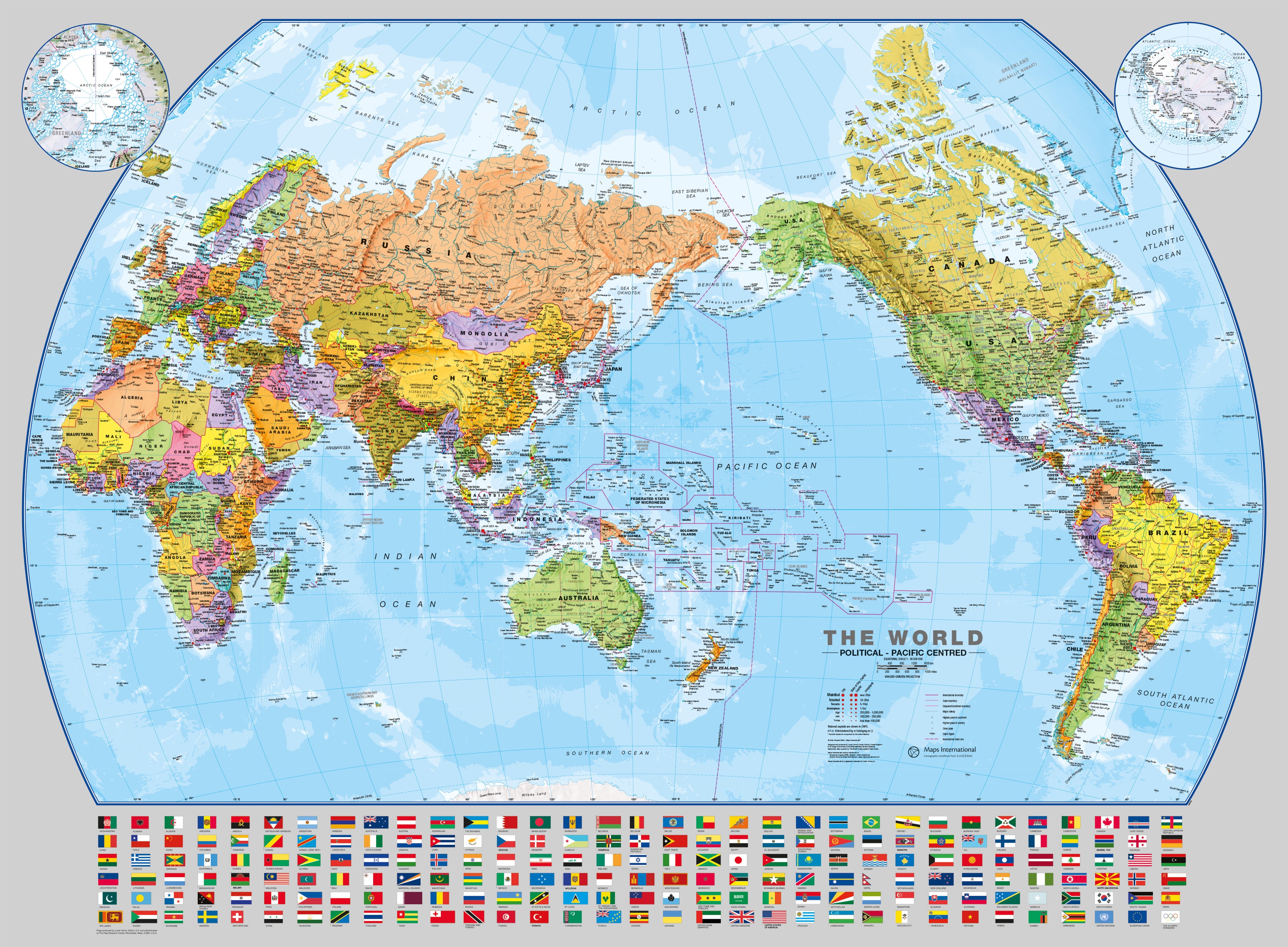 WM00400_L_LAMIN - World Pacific-centred Wall Map with flags