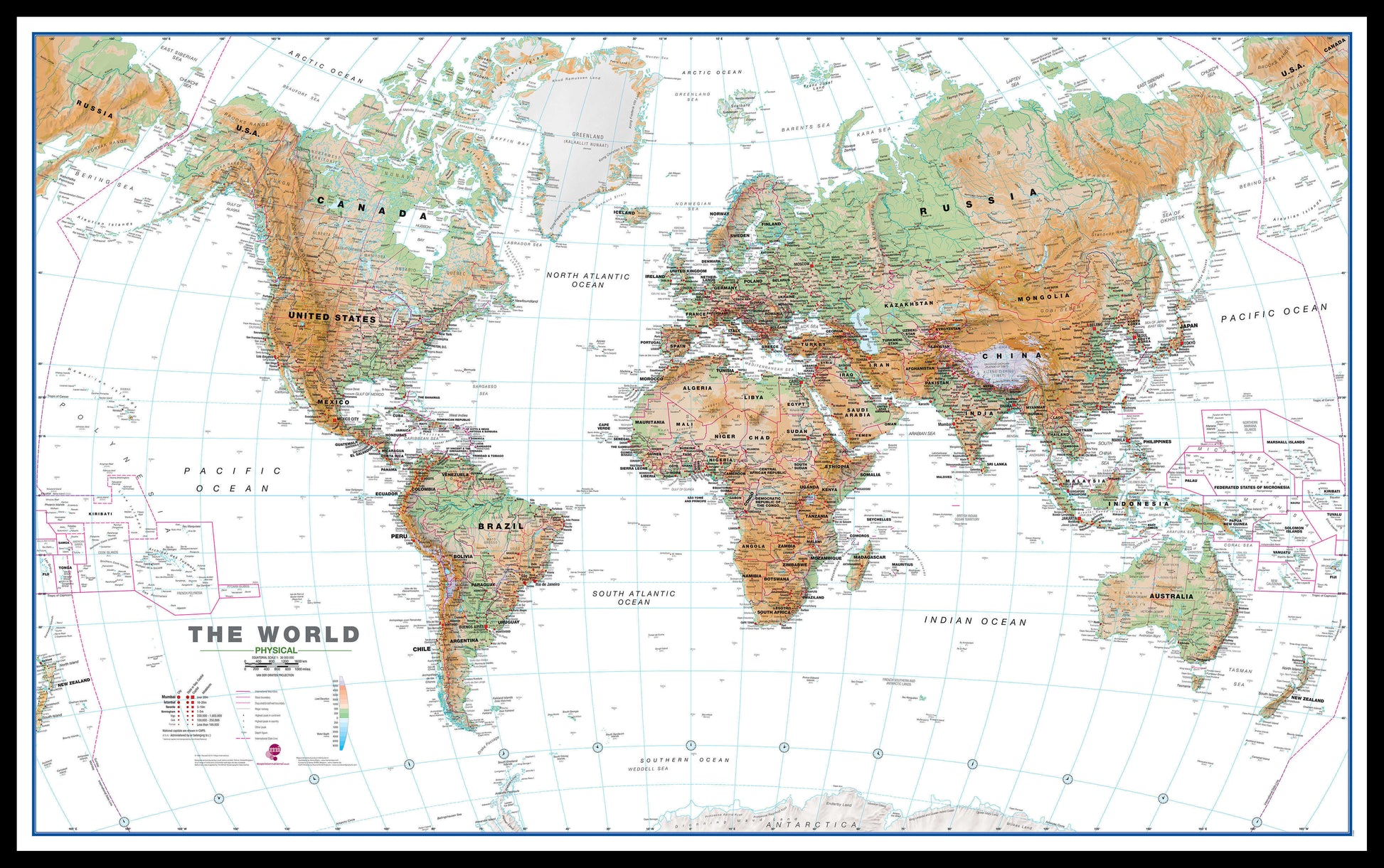 WM00914_H_LBDBL - World Wall Map Physical White Ocean
