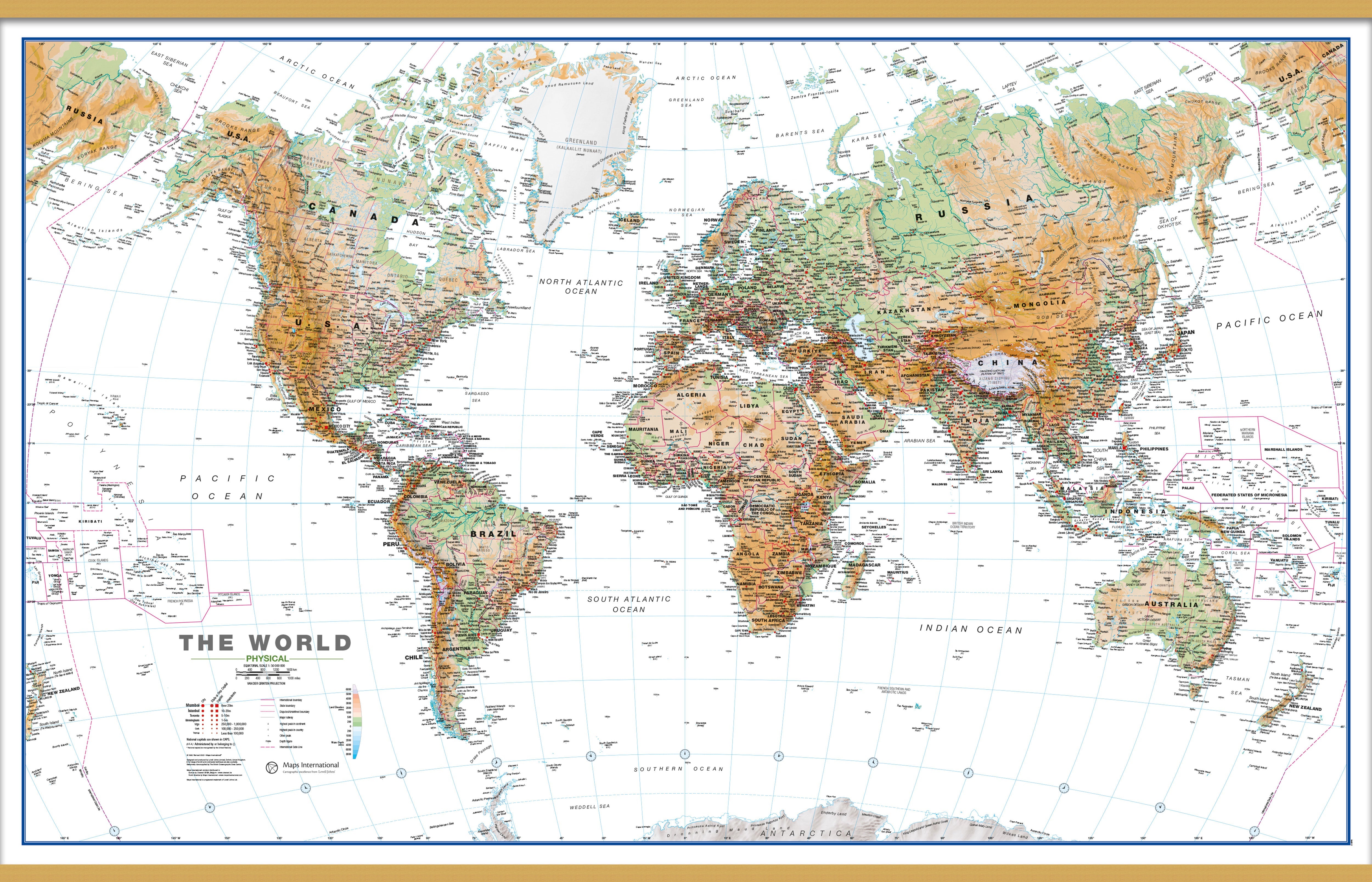 WM00914_L_LWDHB - World Wall Map Physical White Ocean
