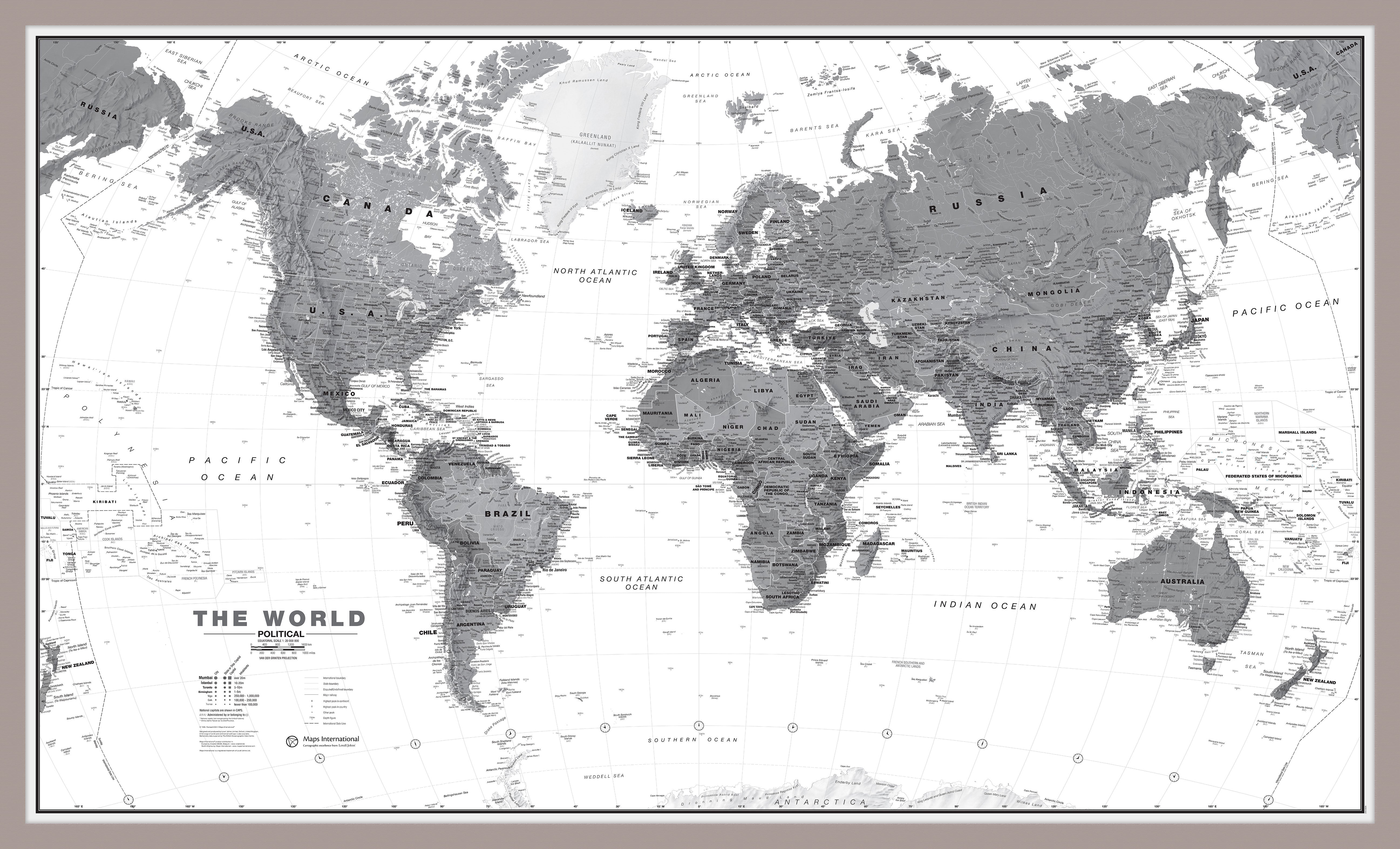 World Wall Map Political Black White Aluminium Frame