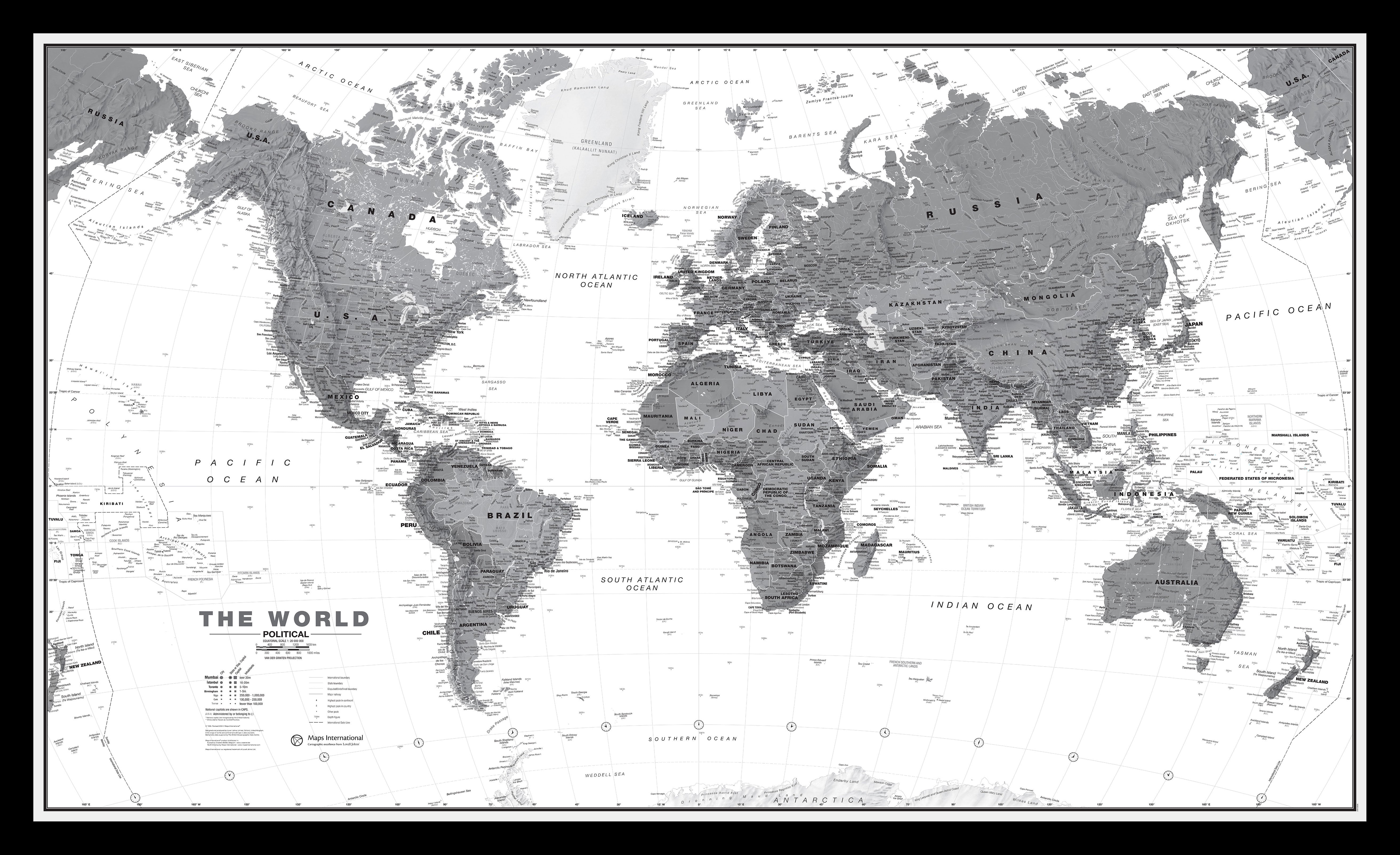 World Wall Map Political Black White Black Frame Pinbl