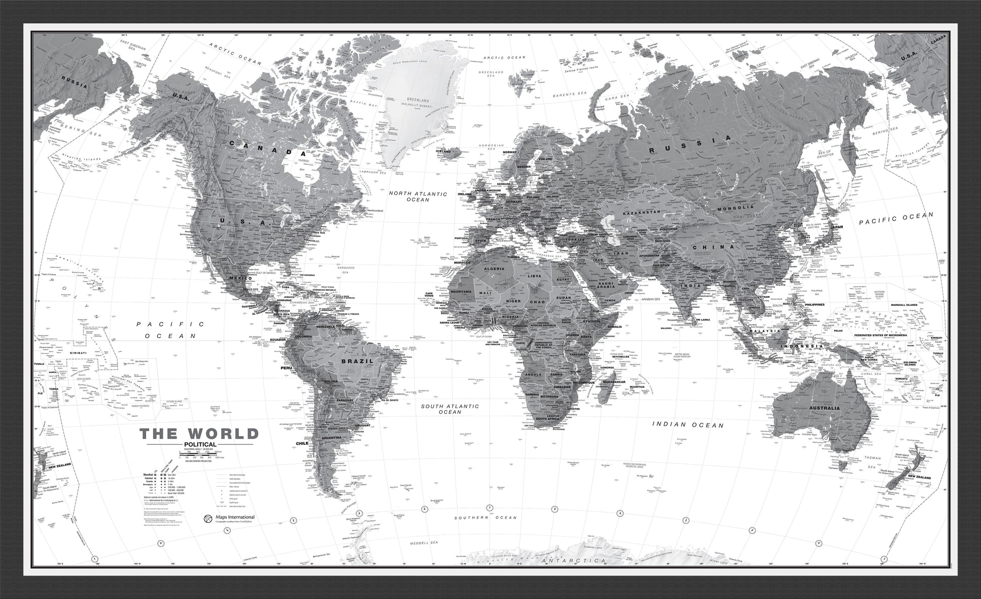 World Wall Map Political Black White Black Frame Wdbla