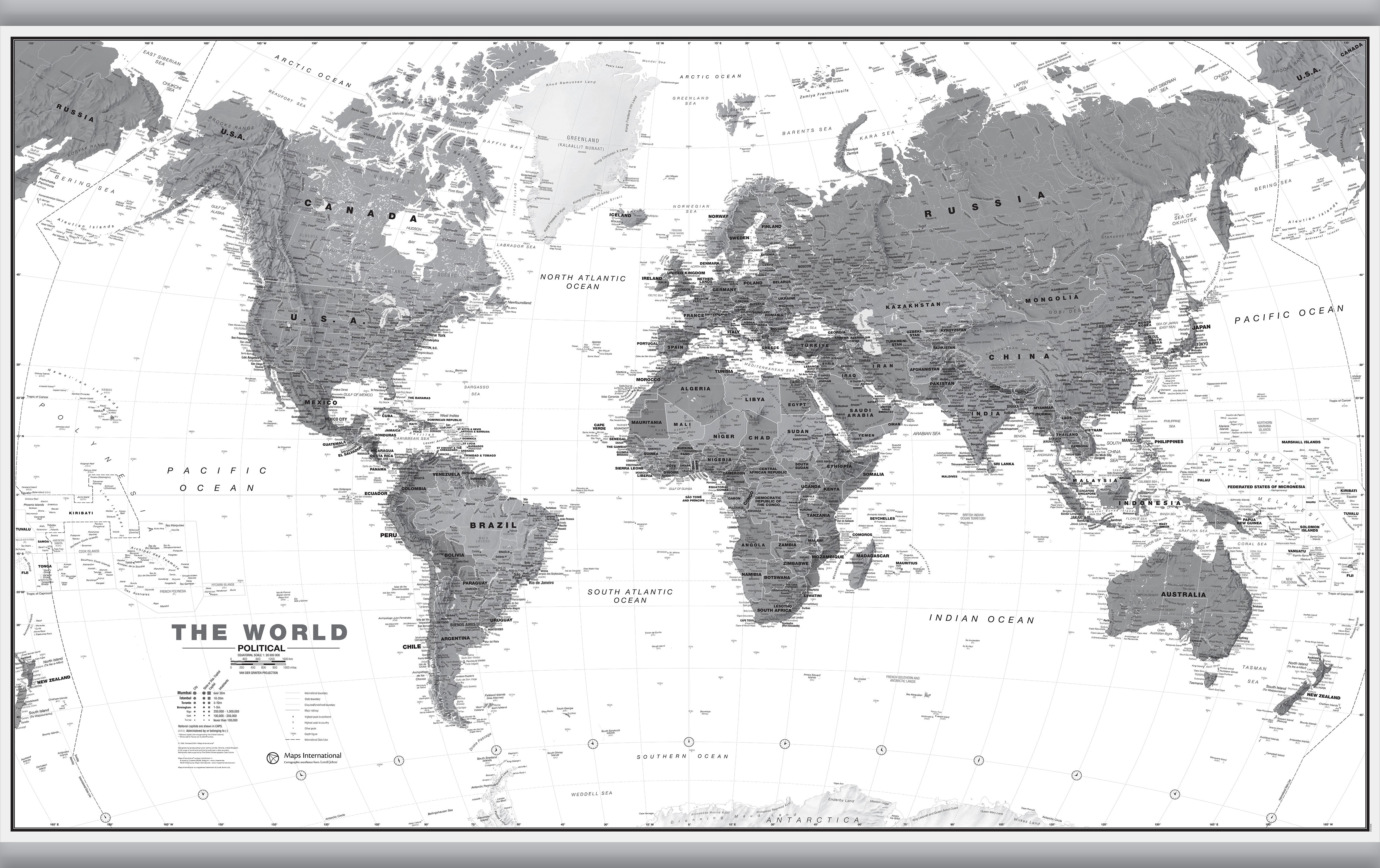 WM01642_H_LAMHB - World Wall Map Political Black & White