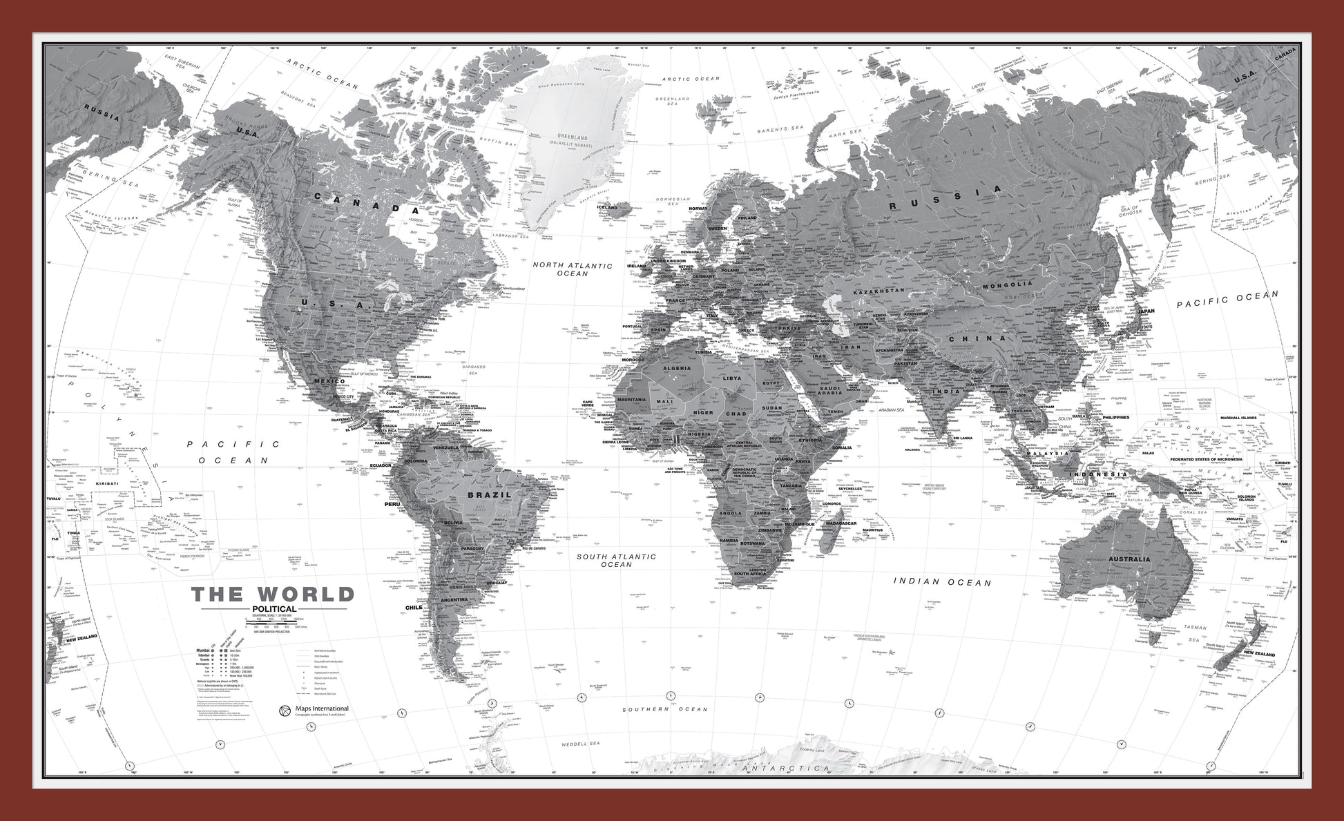 World Wall Map Political Black White Oak Frame Pinok