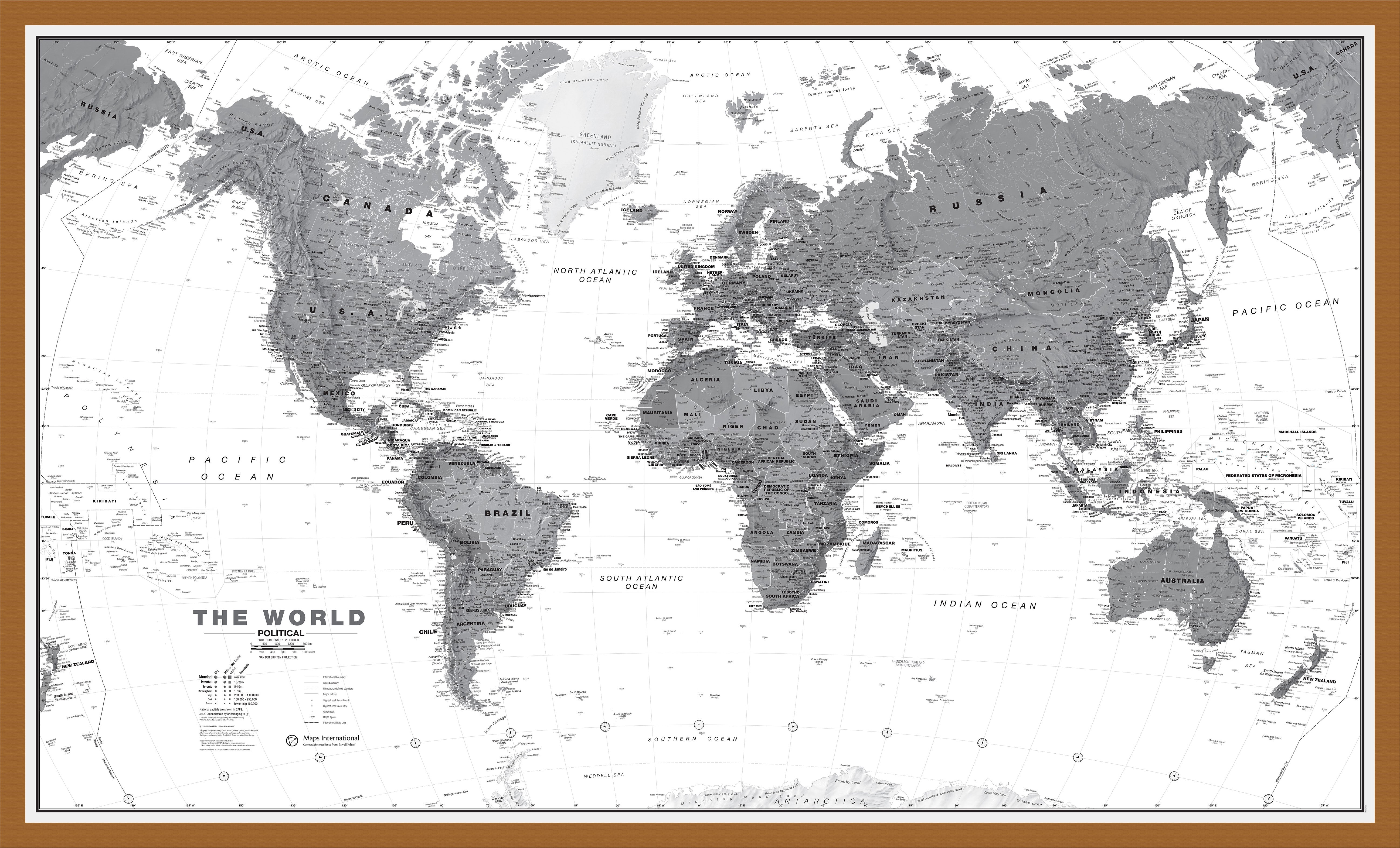 World Wall Map Political Black White Teak Frame Wdtea