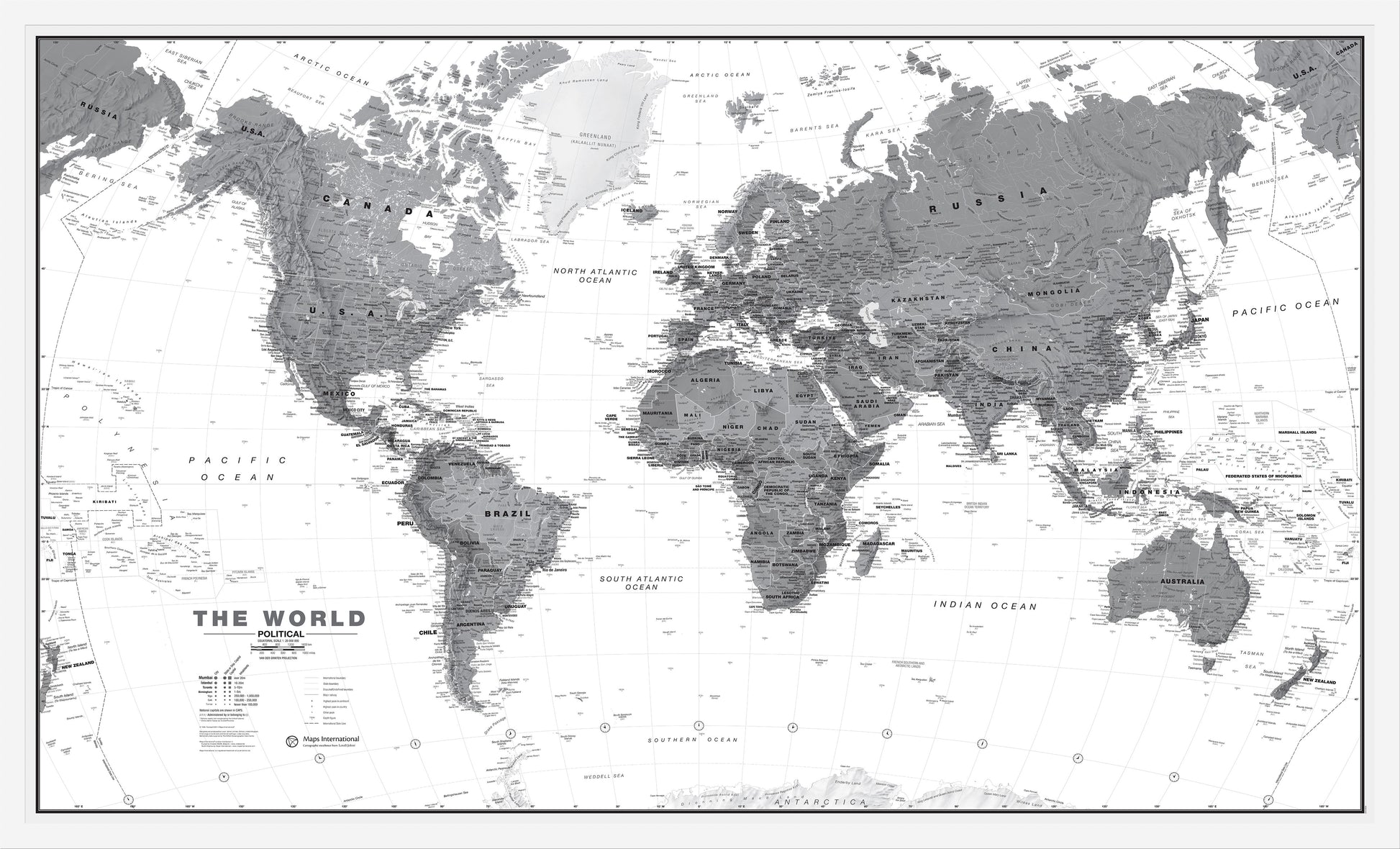 World Wall Map Political Black White White Frame