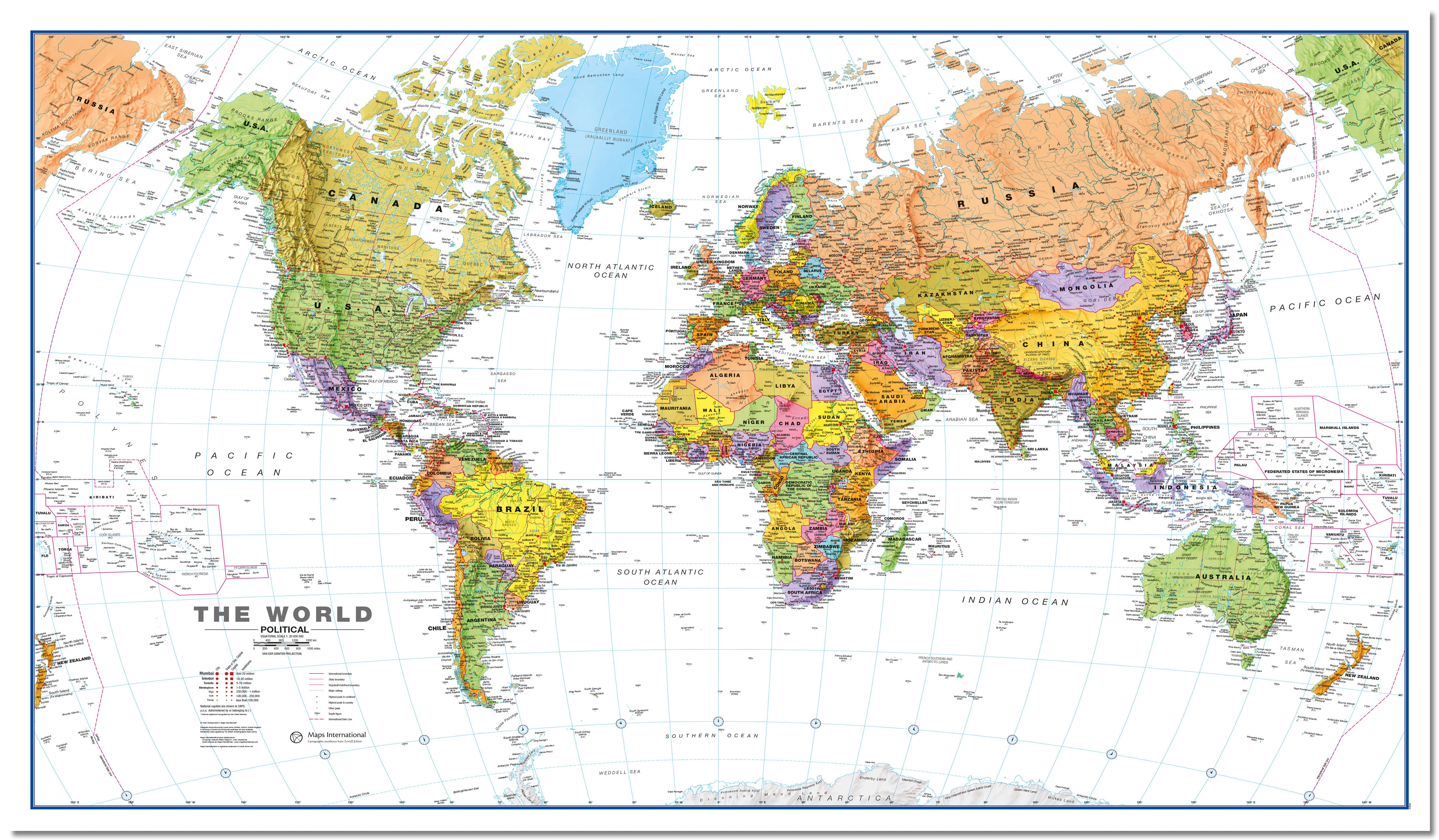 World Wall Map Political With Flags White Ocean Board Board